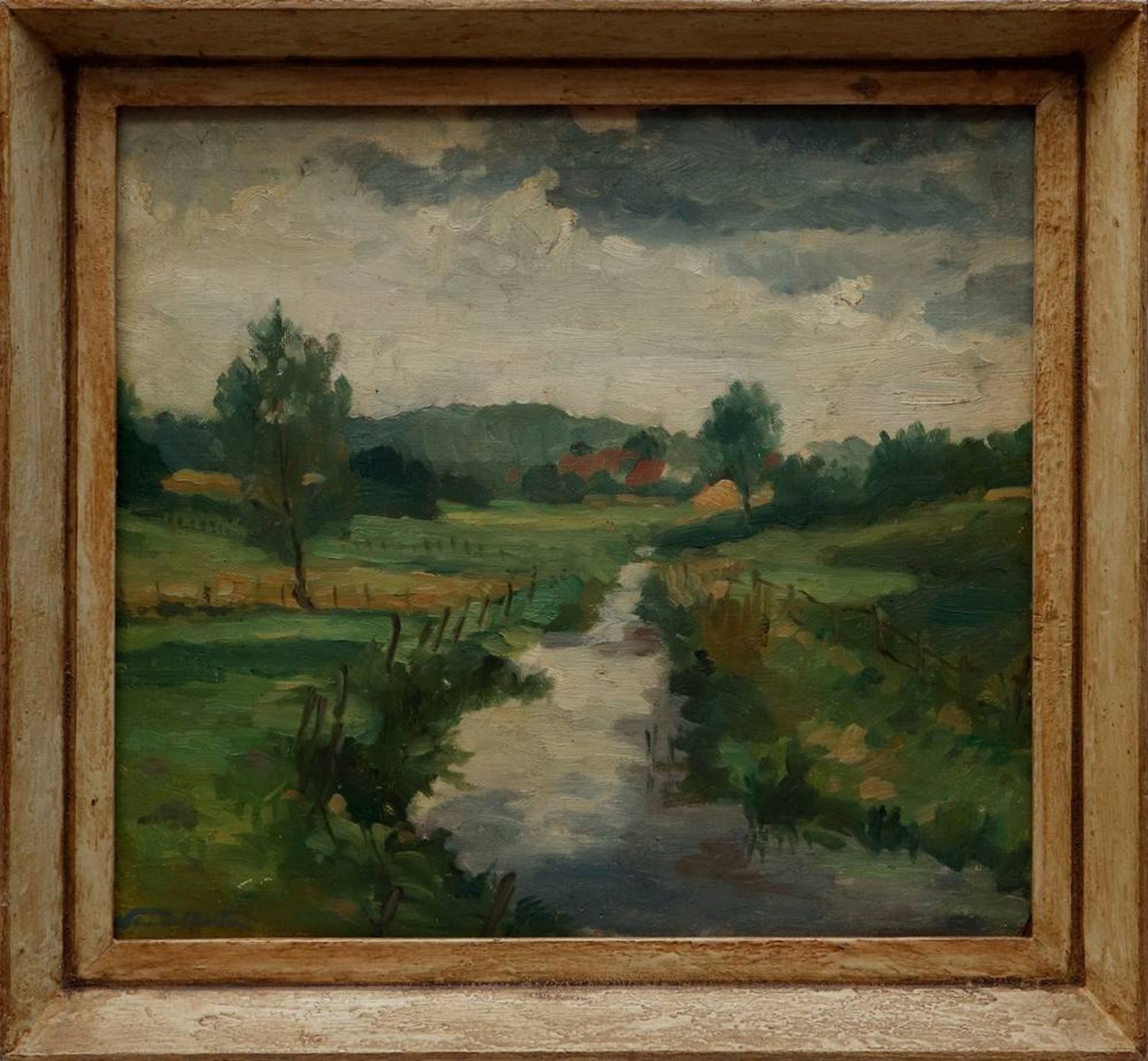 Anton Werner (1902 in Hamburg - 1976 ebda)Landschaft mit Bachlauf, Öl auf Pappe, u.l. sign. "W.