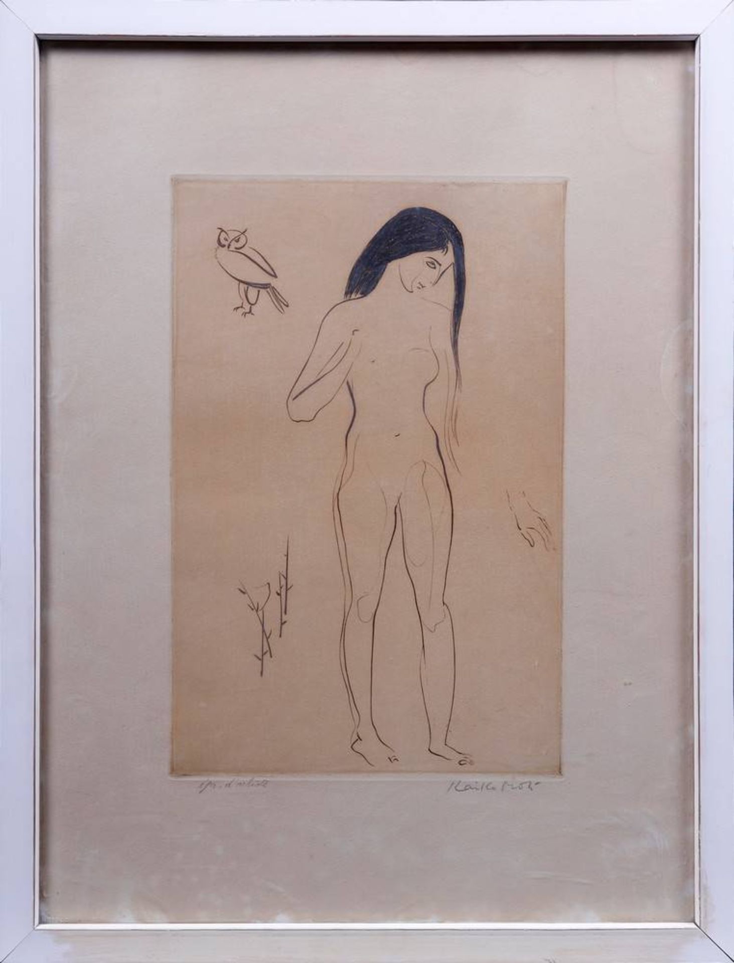 Kaiko Moti (1921 in Mumbai - 1989 in Paris)Reduzierter weiblicher Akt mit Eule, Radierung, u.l.