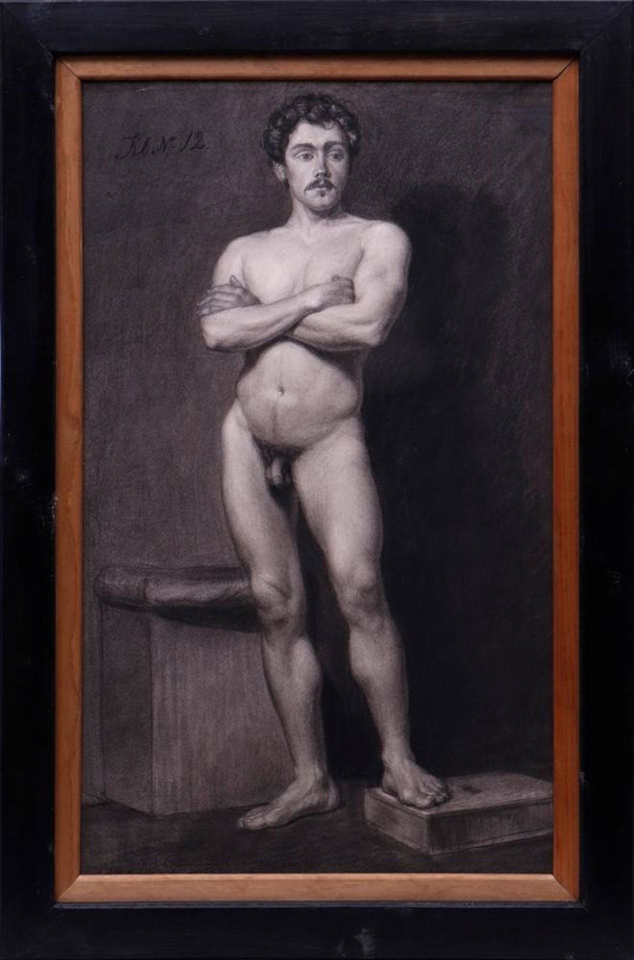 Johann Taklo (skandinavischer Künstler d. 19. Jhdts.)Frontaler Männerakt, Kohlezeichnung/Papier,