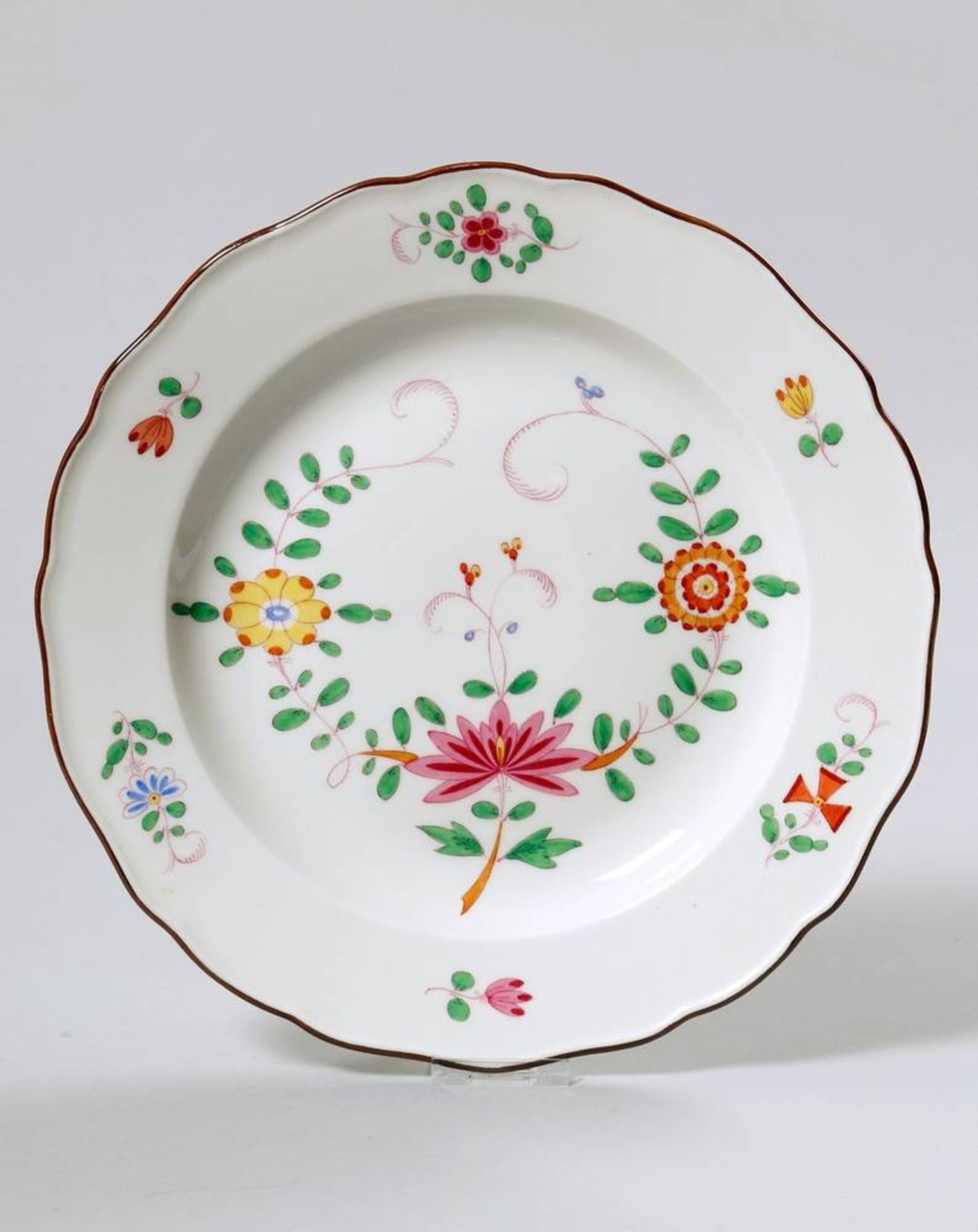 Teller, Meissen, um 1900, Dekor indisch bunt, brauner RandPorzellan, polychrom bemalt, Teller mit