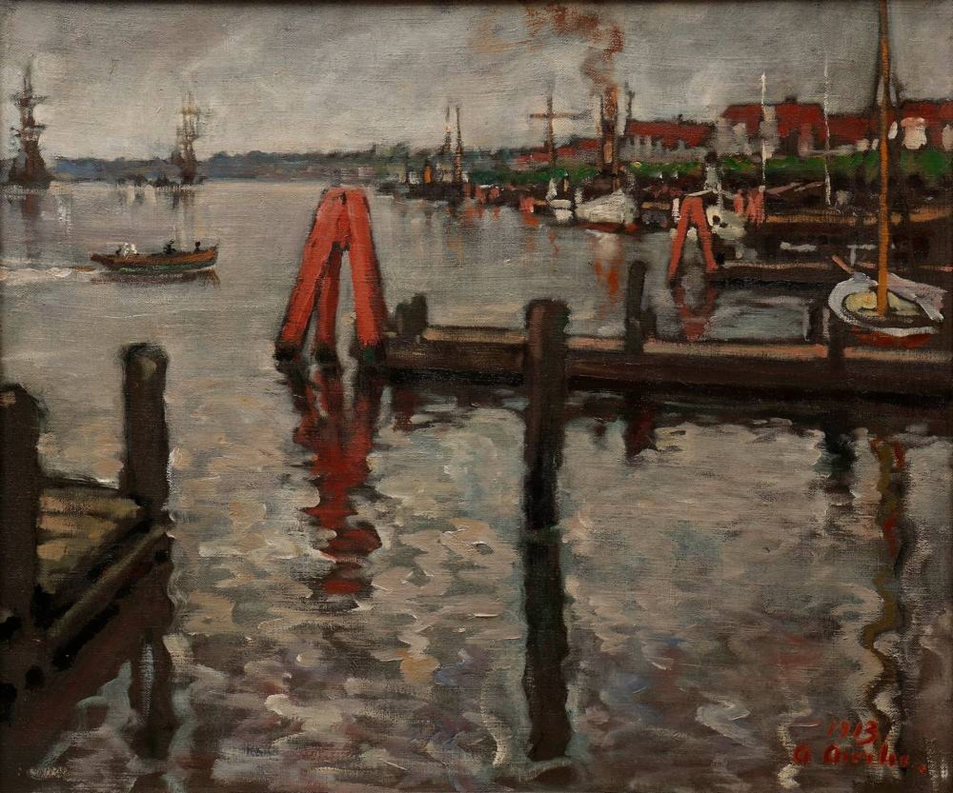 Albert Aereboe (1889 in Lübeck - 1970 ebda)Blick auf Travemünde von einem Landungssteg aus, 1913, Öl - Bild 2 aus 4