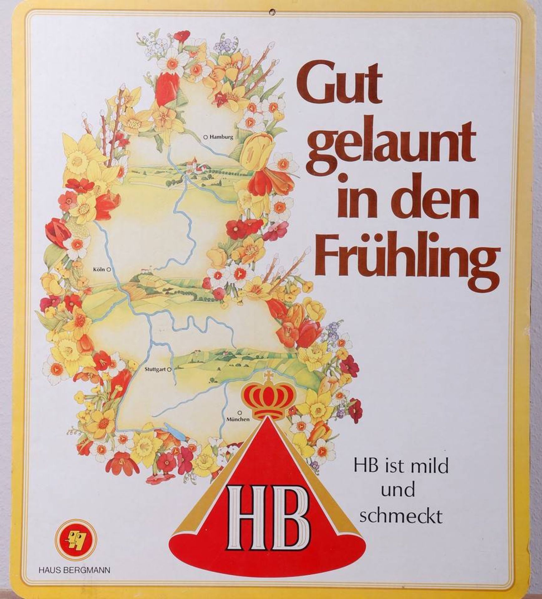 Werbetafel, HB Zigaretten, um 1970/80 "Gut gelaunt in den Frühling", doppelseitig, Pappe, 69x60cm,