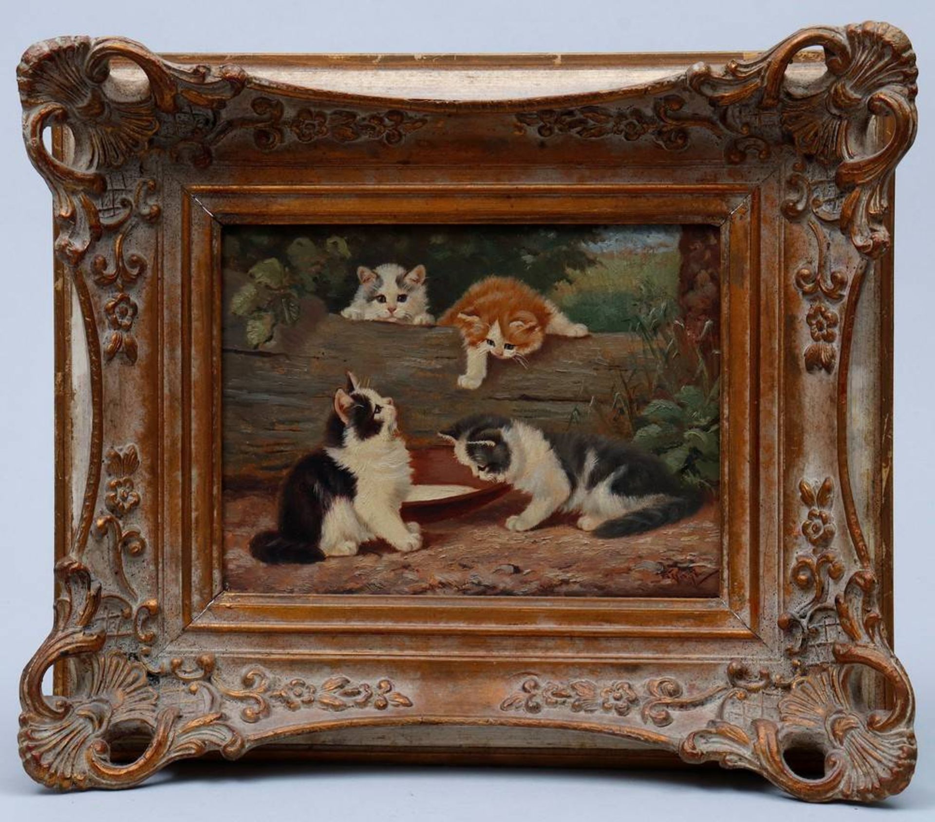 Benno Kögl (1892 in Greding - 1973 in Nymphenburg)Vier Kätzchen und ein Milchschälchen, Öl auf