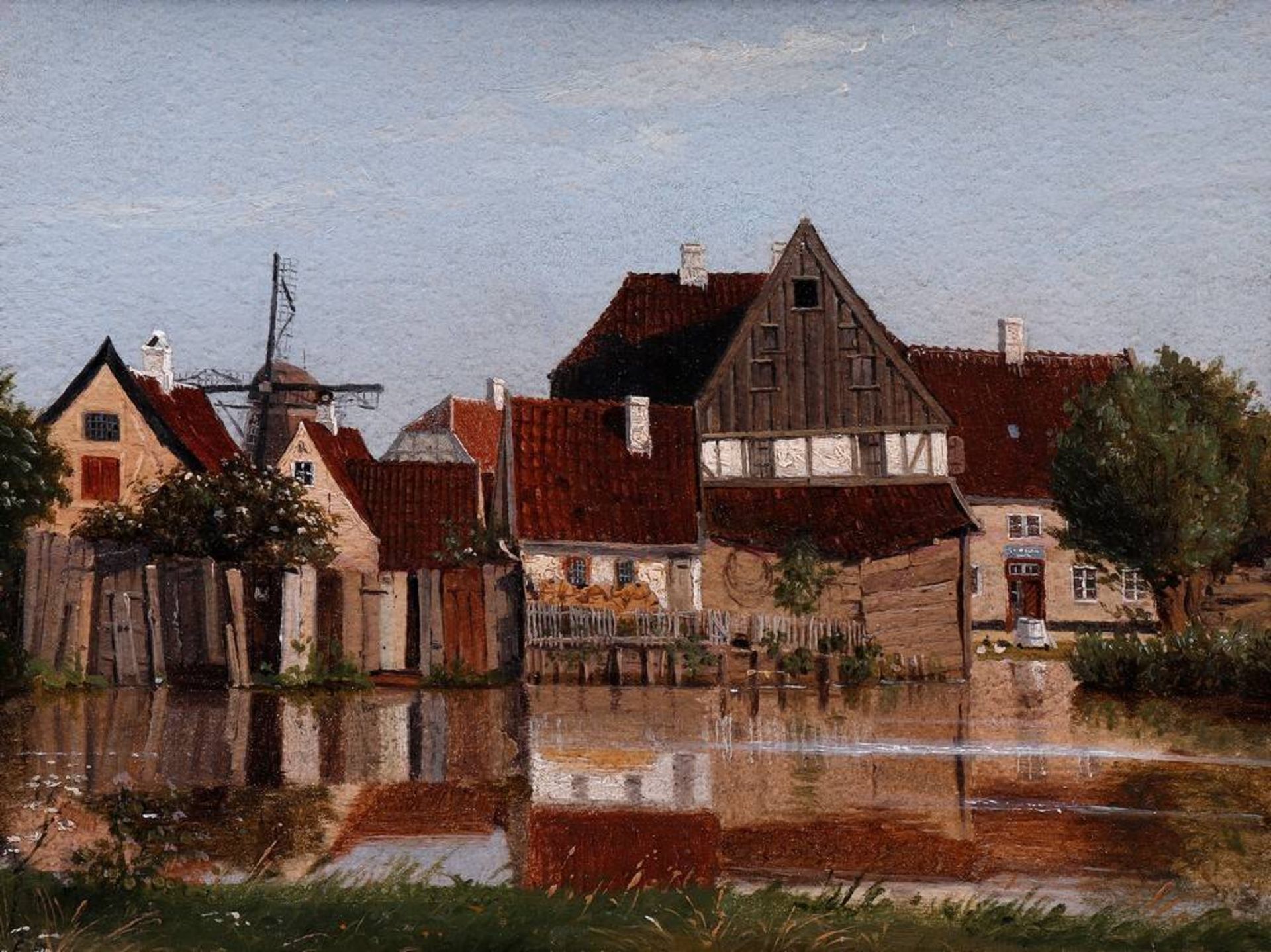 Sich in einem Kanal spiegelnde Häuser in HollandAnonym, wohl 1920/30er Jahre, Öl auf Papier/ - Bild 2 aus 4