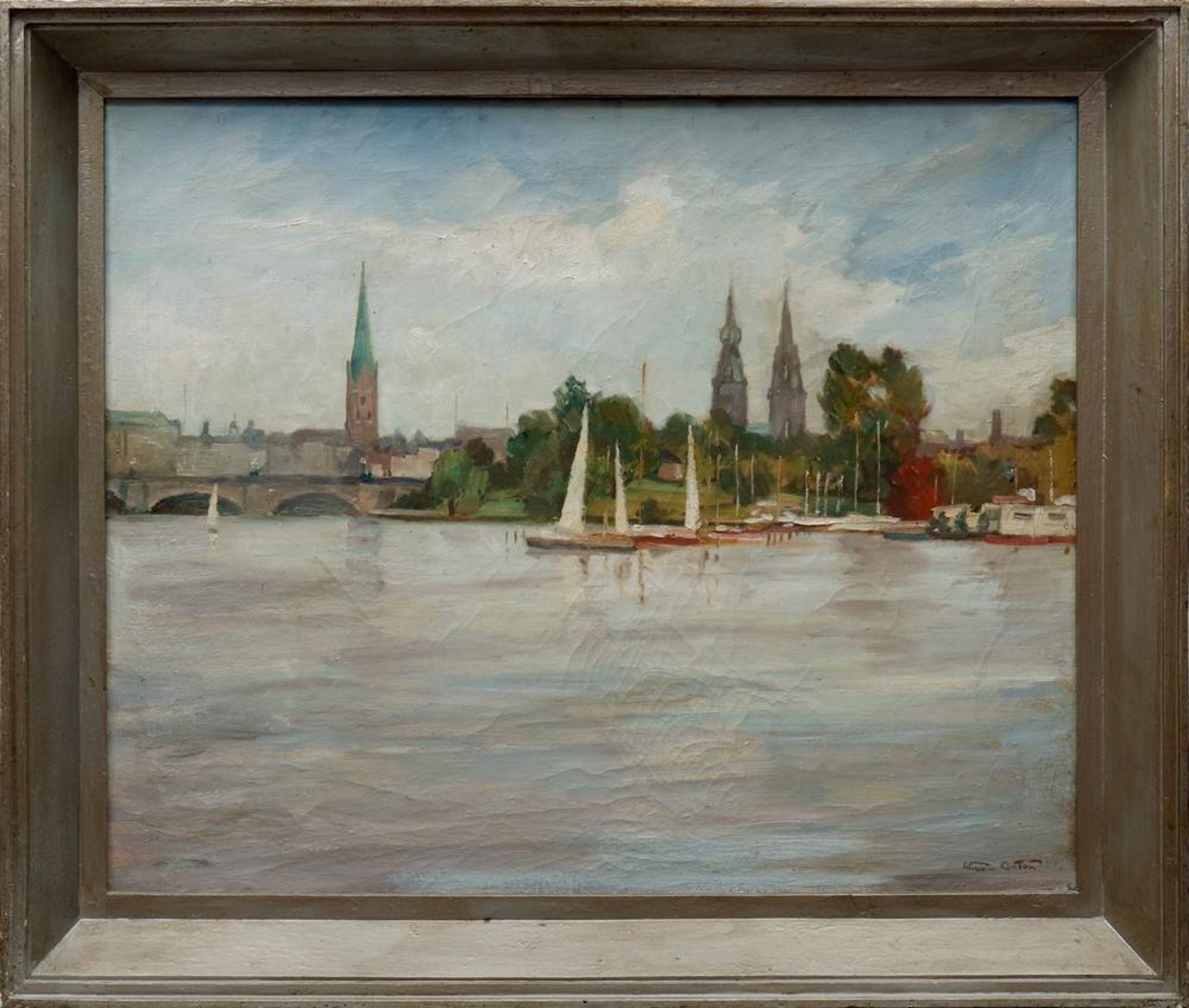 Anton Werner (1902 in Hamburg - 1976 ebda)Hamburger Binnenalster mit Segelbooten, Öl auf Leinwand,