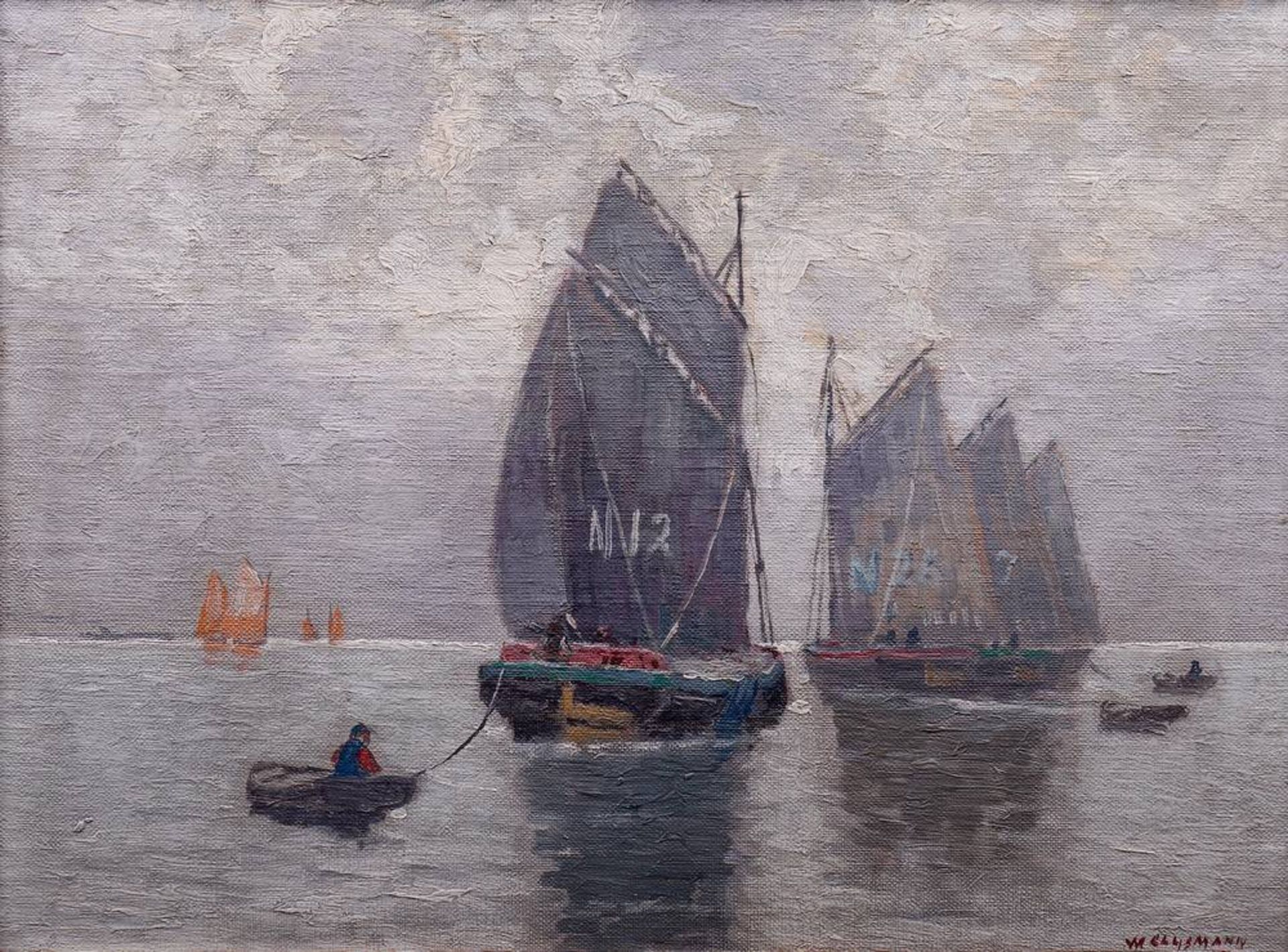 William Clusmann (1859 in La Porte, Indiana, USA - 1927 in ?)Fischerboote auf ruhiger See, Öl auf - Bild 2 aus 4
