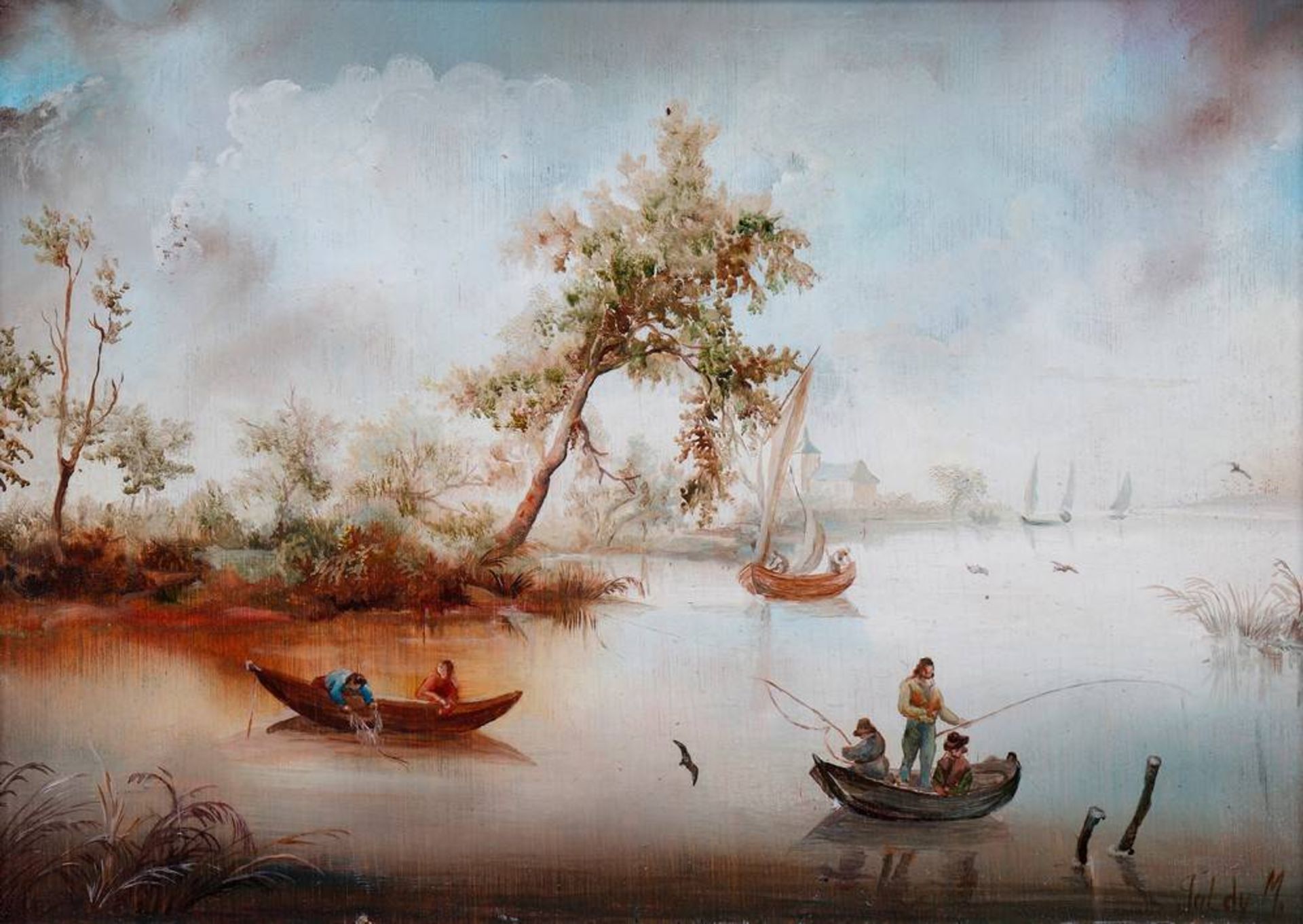Kleine Fischerboote auf SeenplatteUnbekannter Künstler, wohl 20. Jhdt., Öl auf Holzplatte, u.r. - Bild 2 aus 4