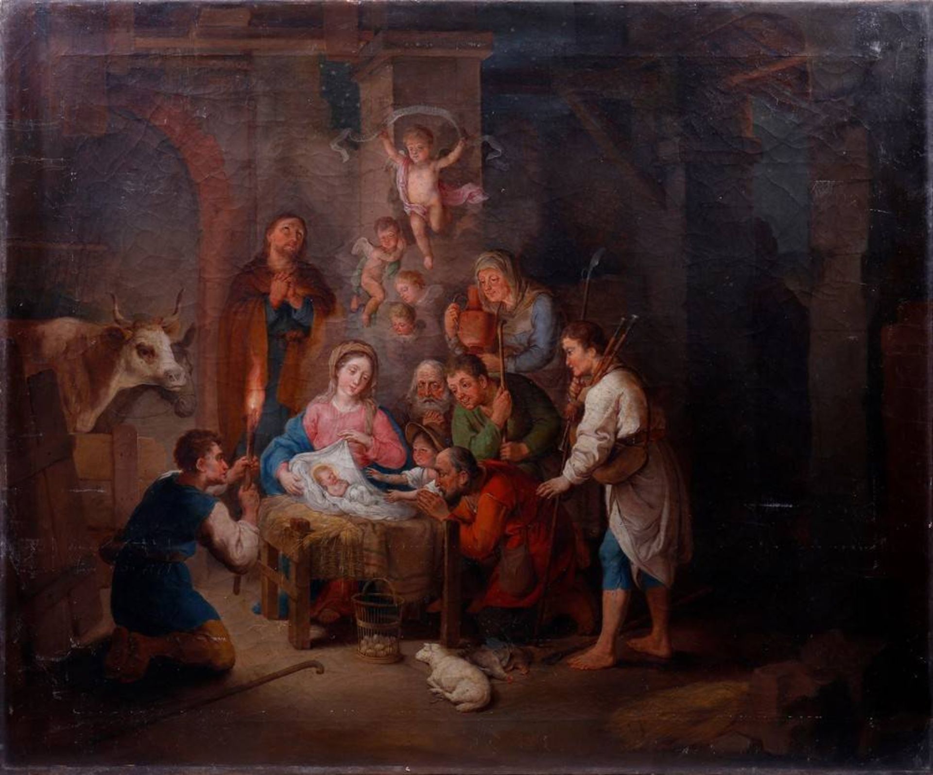 Geburt Christi im StallUnbekannter Künstler, wohl 19. Jhdt., Öl auf Leinwand, o.l. unl. sign.,