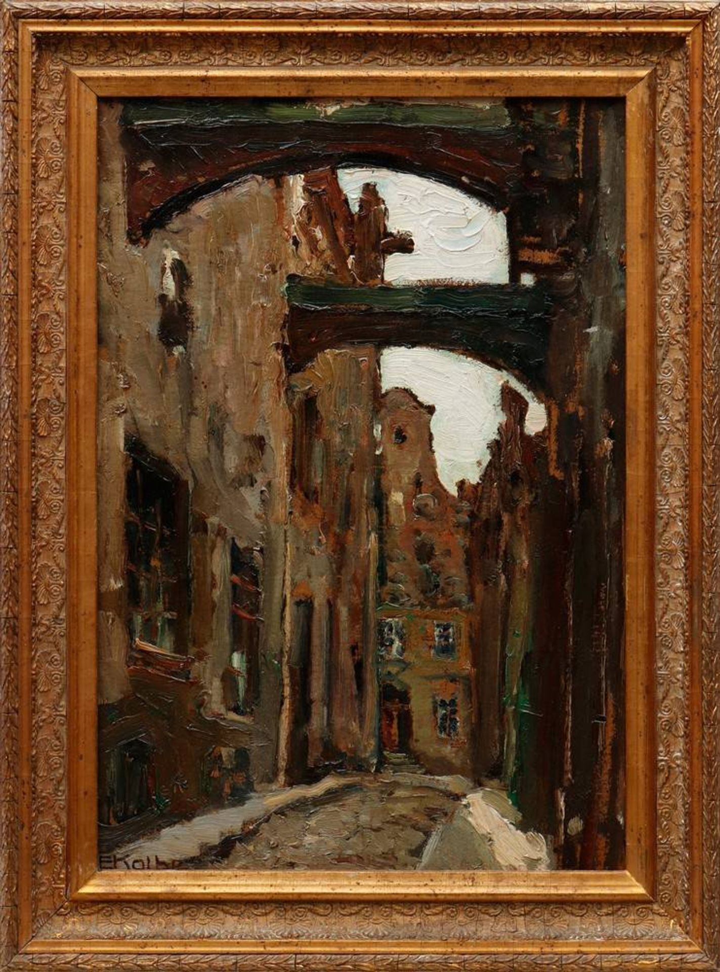 Ernst Kolbe (1876 in Kwidzyn, Polen - 1945 in Rathenow)Altstadtgasse in Lübeck, Öl auf Malpappe, u.