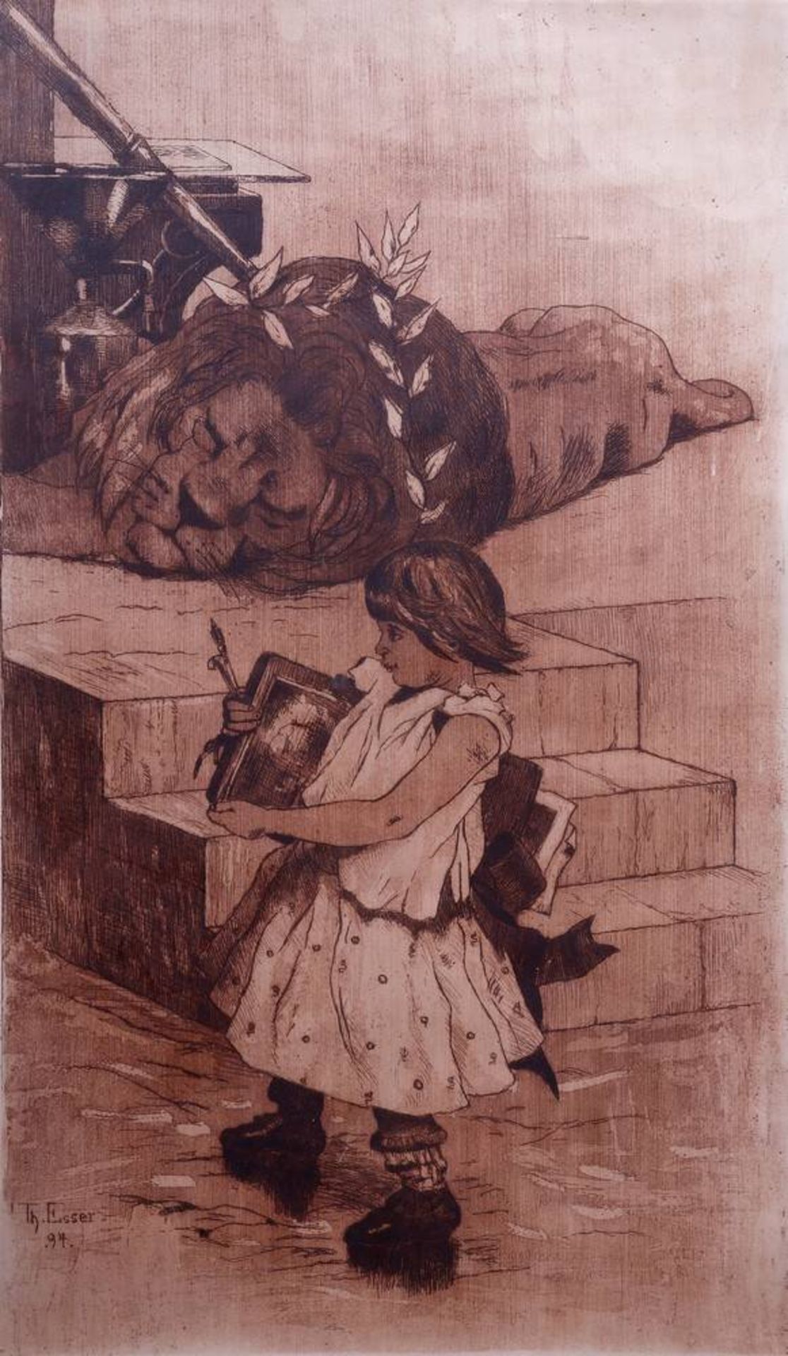 Theodor Esser (1868 in Bonn - 1937 in Karlsruhe)Schulmädchen, einen schlafenden Löwen mit - Bild 2 aus 3