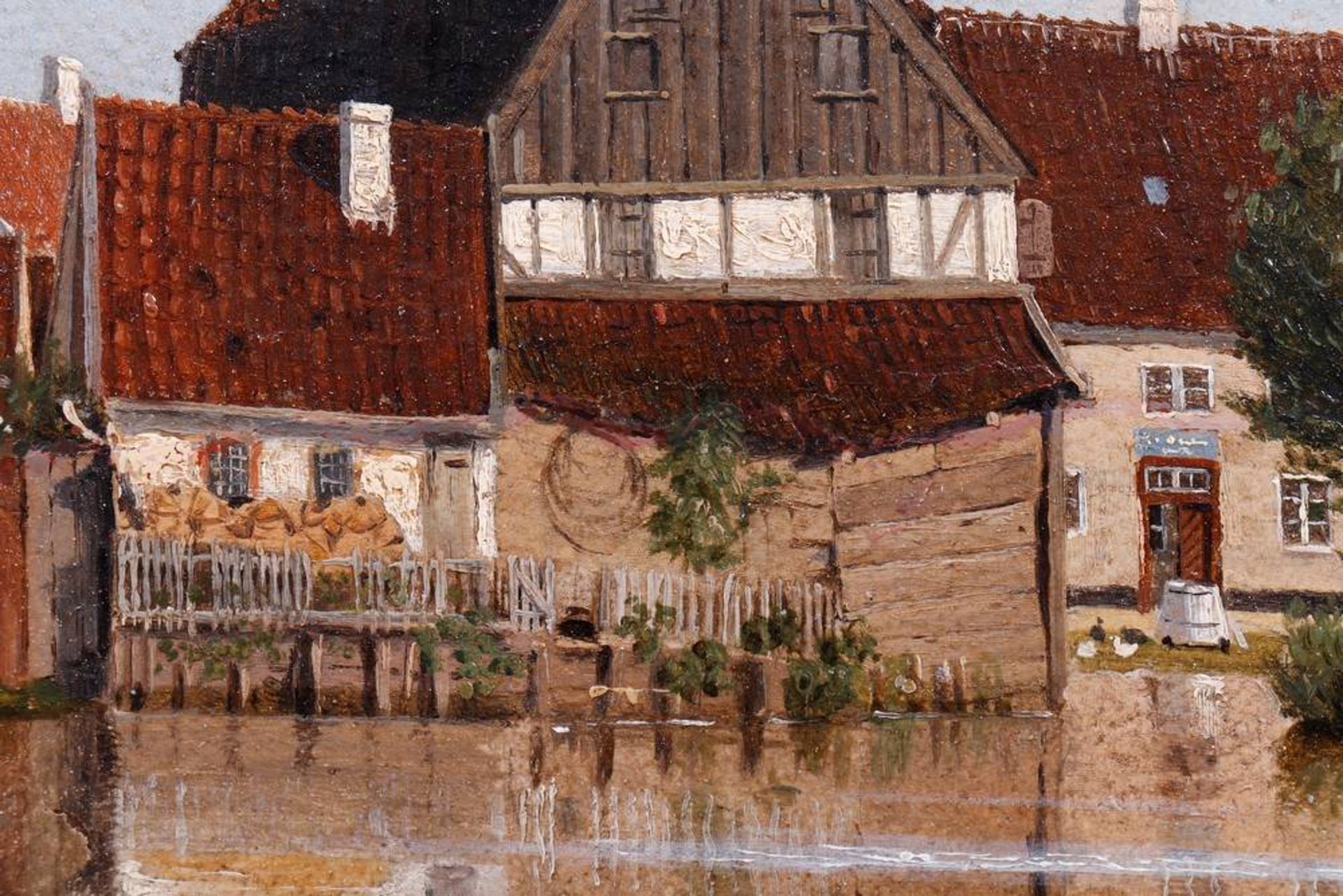 Sich in einem Kanal spiegelnde Häuser in HollandAnonym, wohl 1920/30er Jahre, Öl auf Papier/ - Bild 3 aus 4