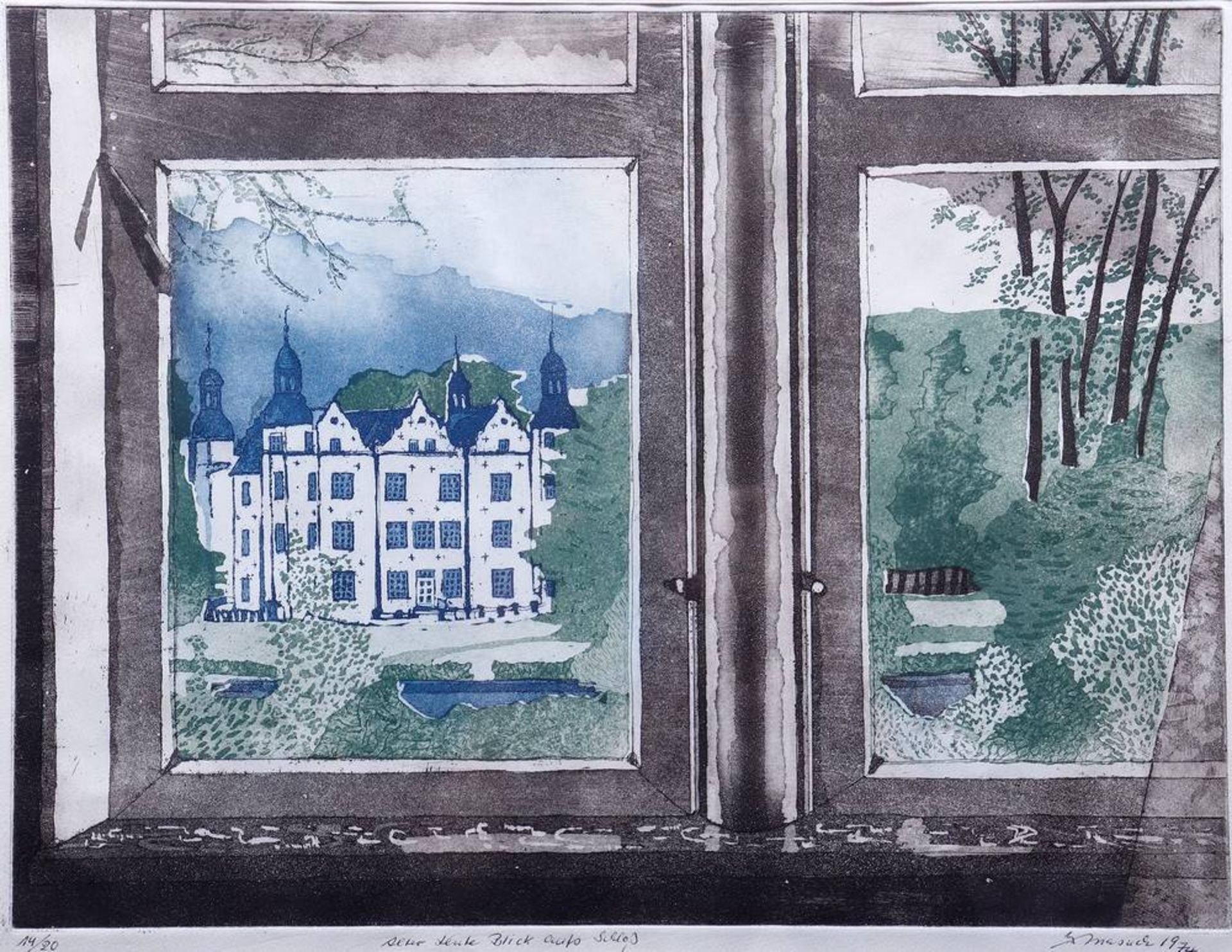 Blick durch ein Fenster aufs Ahrensburger SchlossUnbekannter Künstler, 1974, bet. "Alter Leute Blick - Bild 2 aus 2