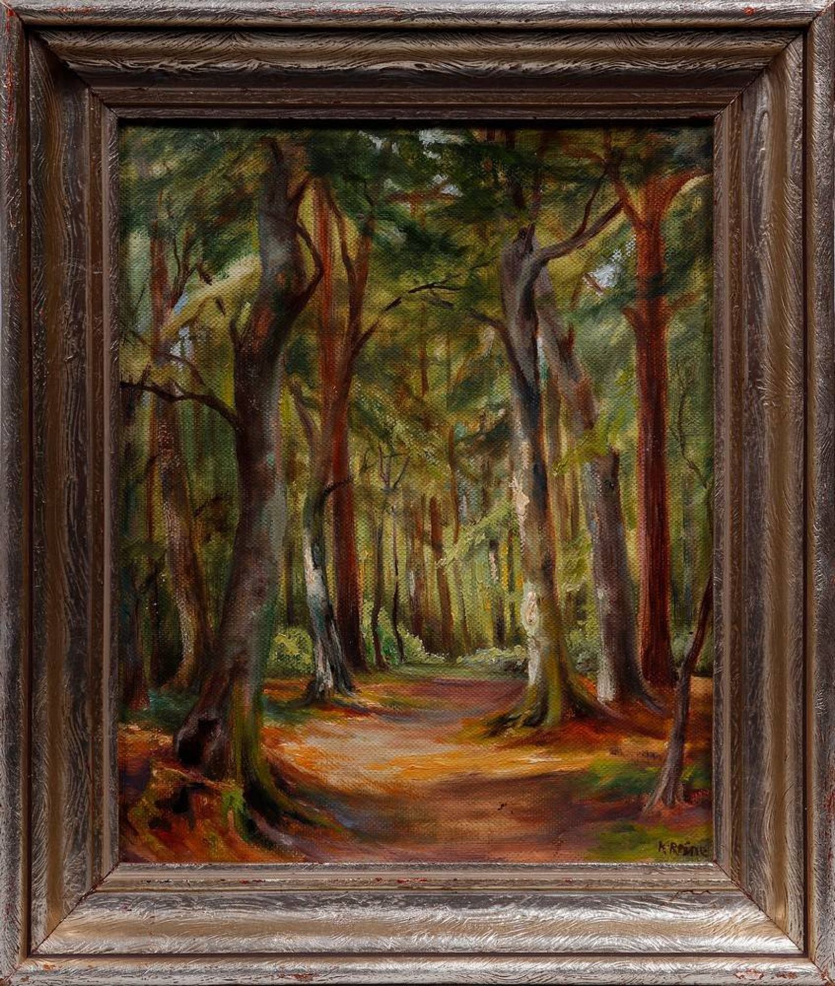 Käthe Reine (1894 in Halver/Westfalen - 1976 in Rostock)Impressionistischer Waldweg, Öl auf