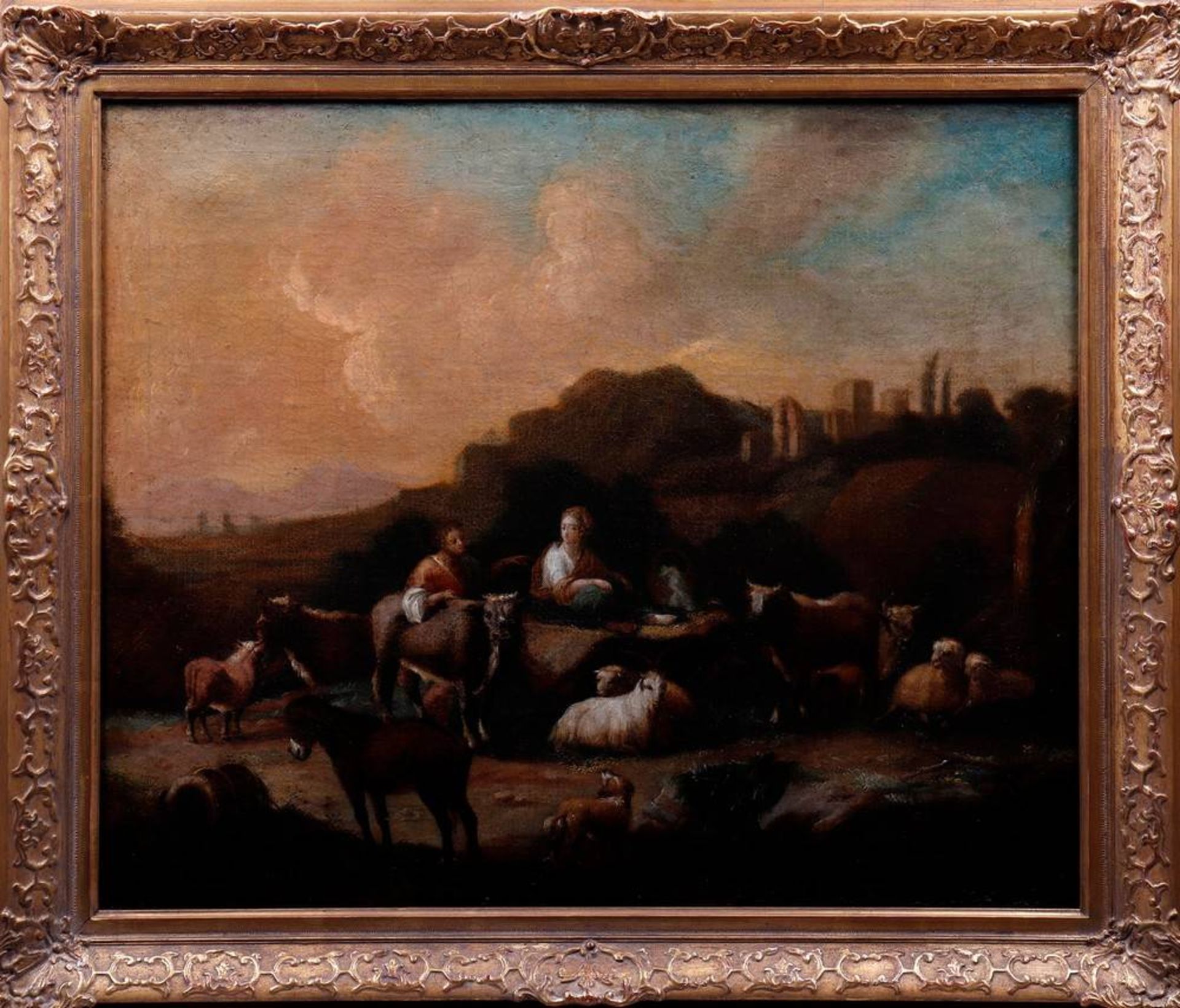 Hirtenpaar mit Kühen, Ziegen und Schafen vor LandschaftAnonym, wohl 18. Jhdt., Öl auf Leinwand,