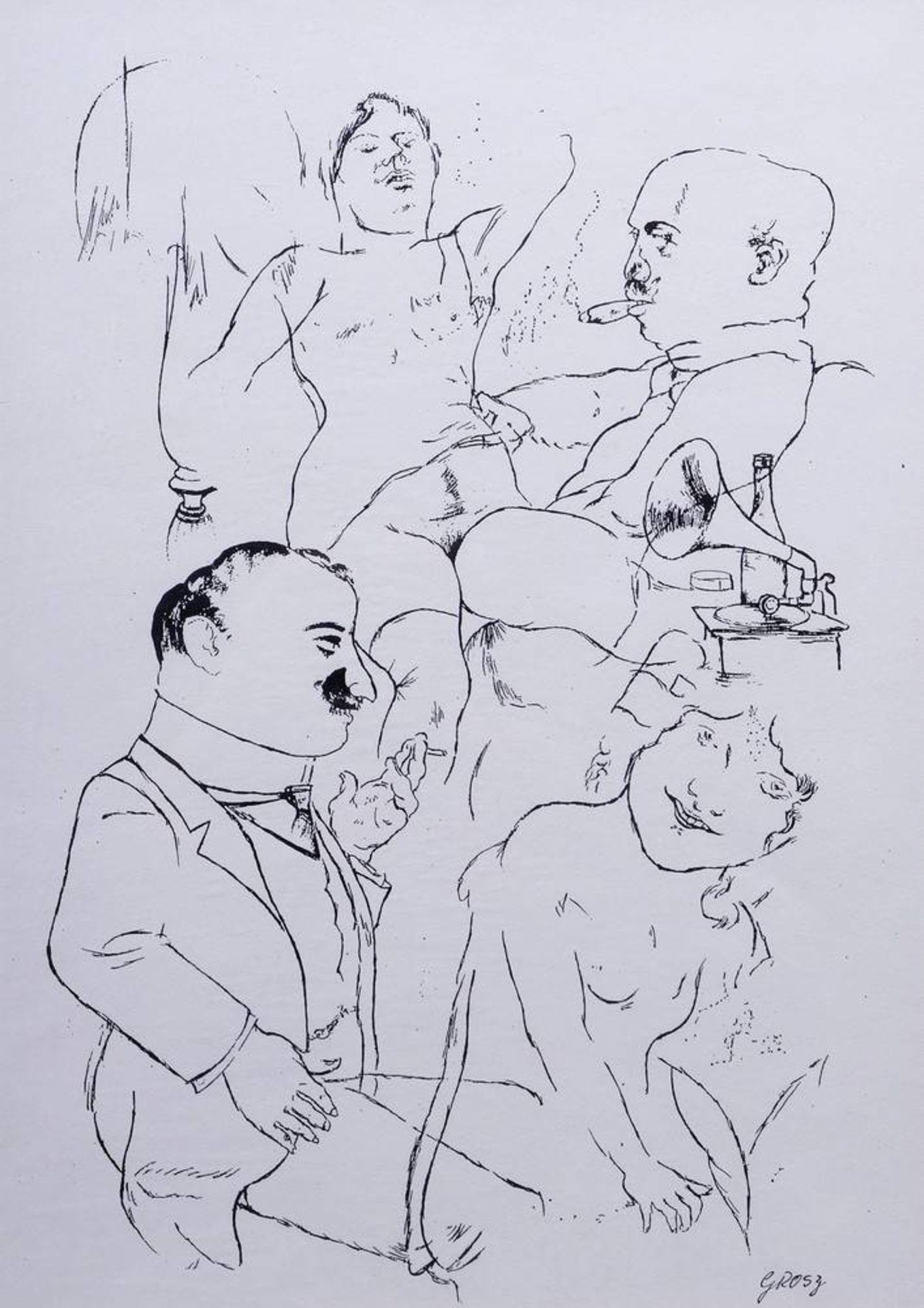 George Grosz (1893 in Berlin - 1959 ebenda)Mehrfigurige erotische Szene mit Grammophon, - Bild 2 aus 2