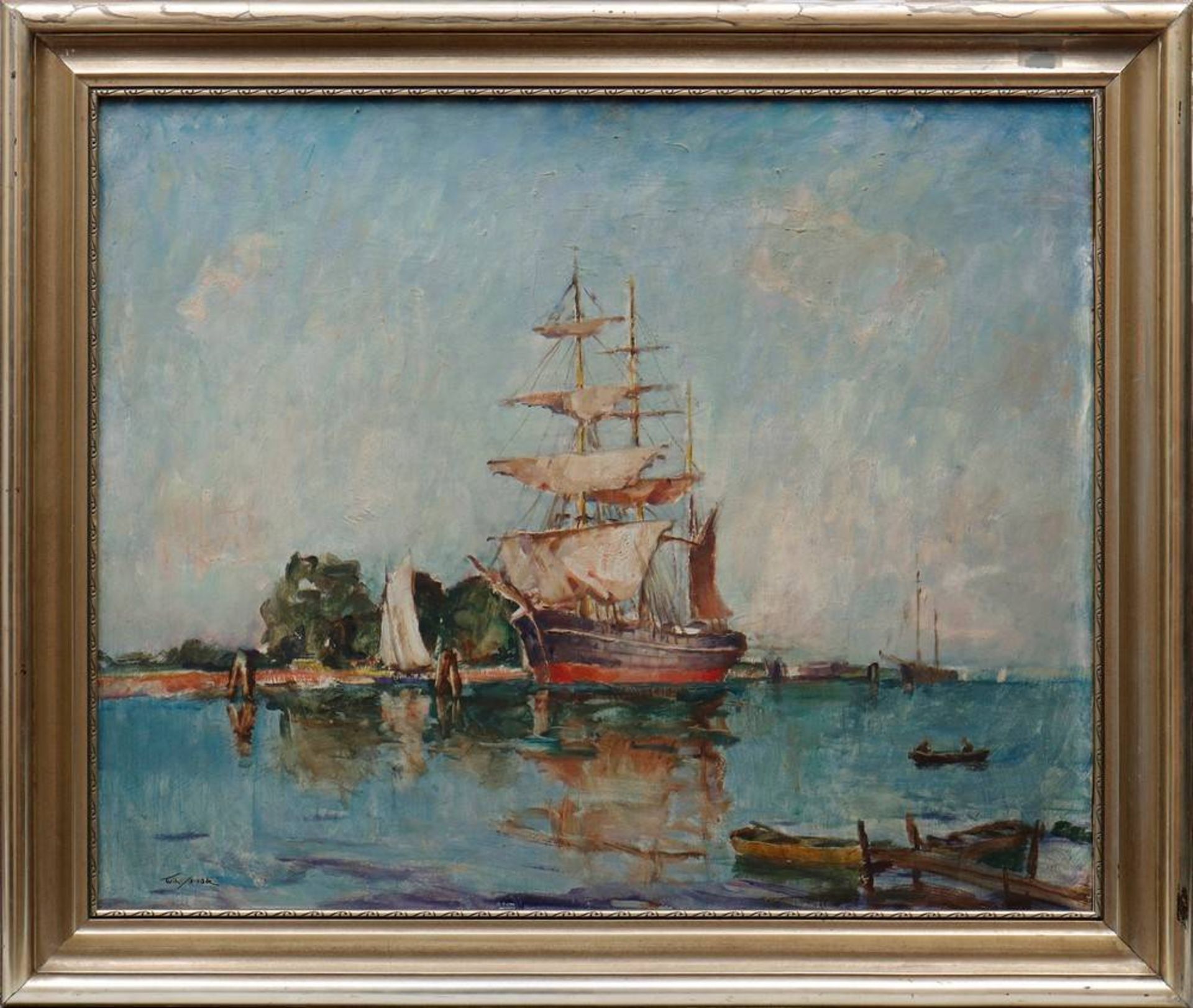 Wilhelm Schodde (1883 in Altona - 1951 in Lübeck)"Passat im Hafen von Travemünde", Öl auf Holz, u.