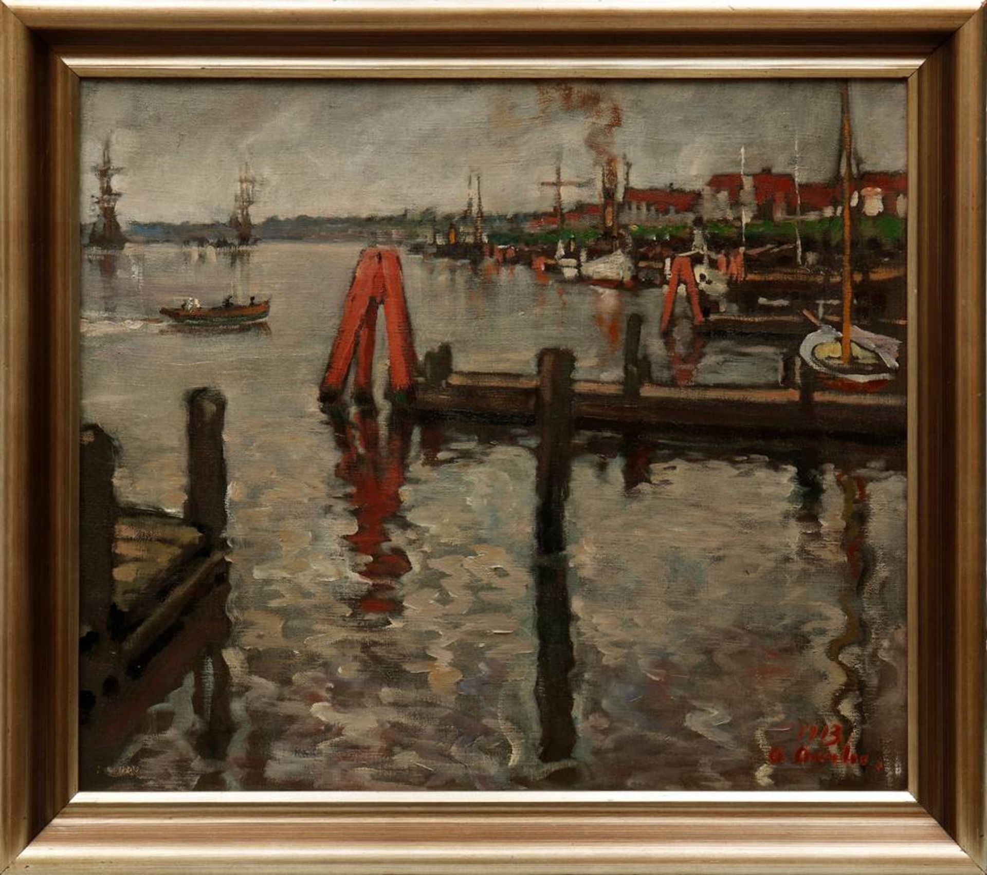 Albert Aereboe (1889 in Lübeck - 1970 ebda)Blick auf Travemünde von einem Landungssteg aus, 1913, Öl