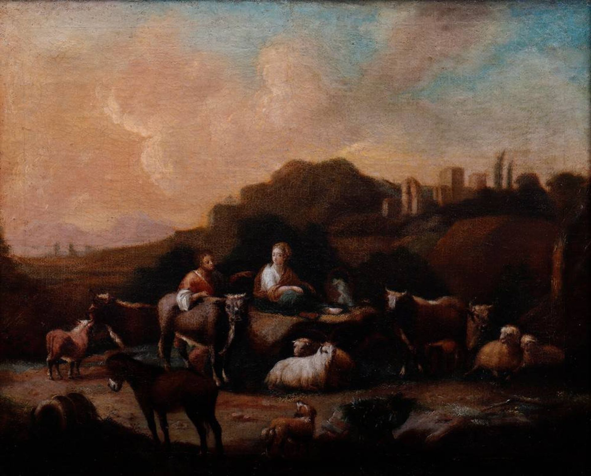 Hirtenpaar mit Kühen, Ziegen und Schafen vor LandschaftAnonym, wohl 18. Jhdt., Öl auf Leinwand, - Bild 2 aus 5