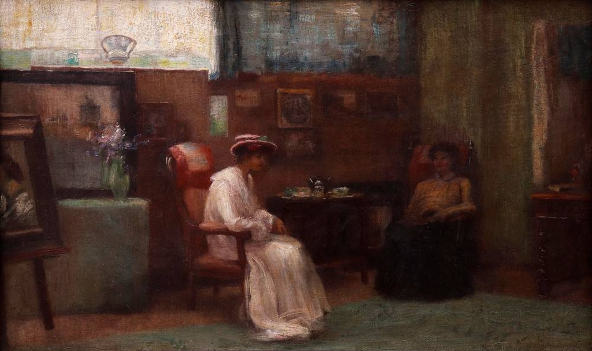 Franz Skarbina attrib. (1849 in Berlin - 1910 ebda)Interieur mit zwei Damen beim Teetrinken, Öl - Bild 2 aus 6