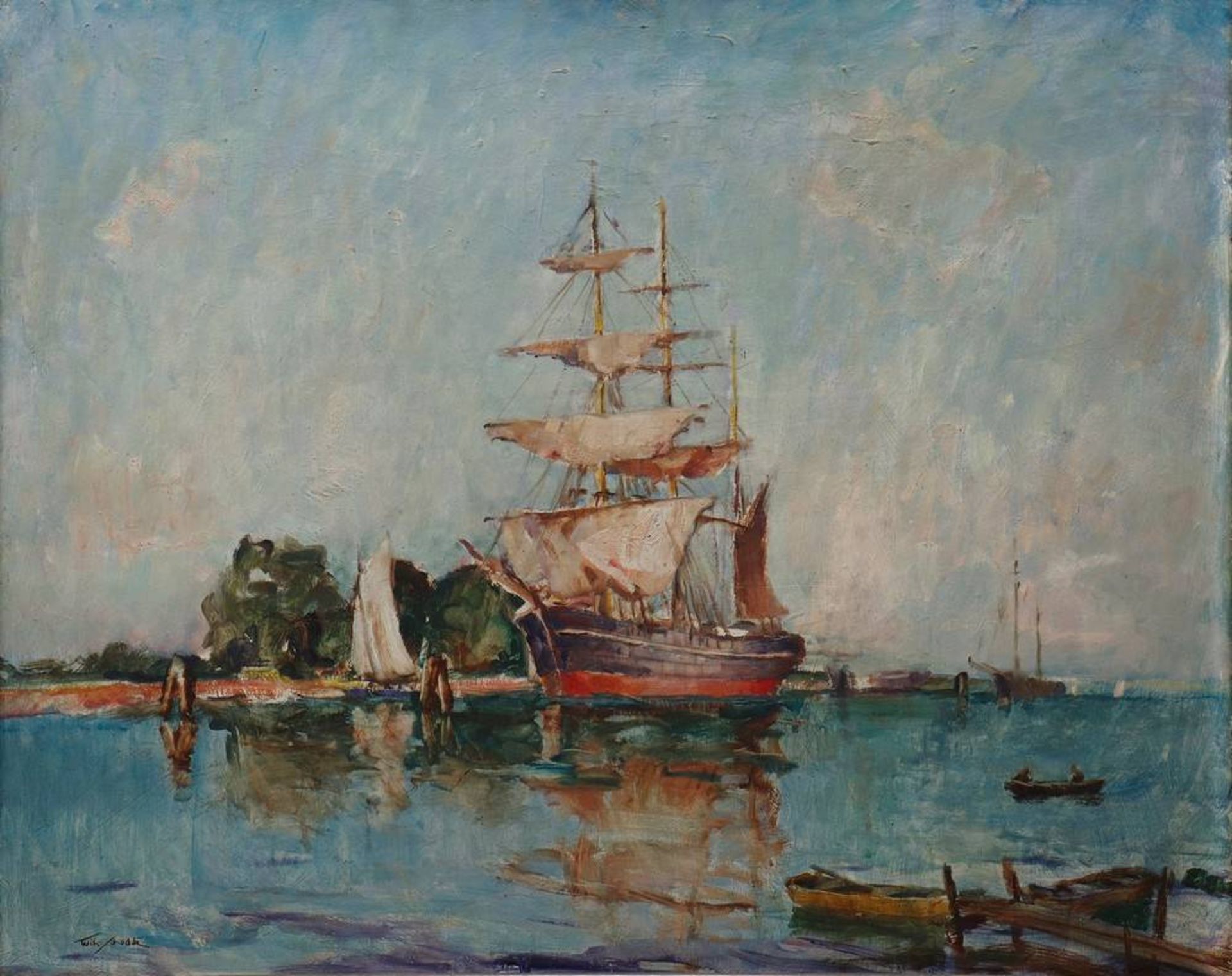 Wilhelm Schodde (1883 in Altona - 1951 in Lübeck)"Passat im Hafen von Travemünde", Öl auf Holz, u. - Bild 2 aus 6