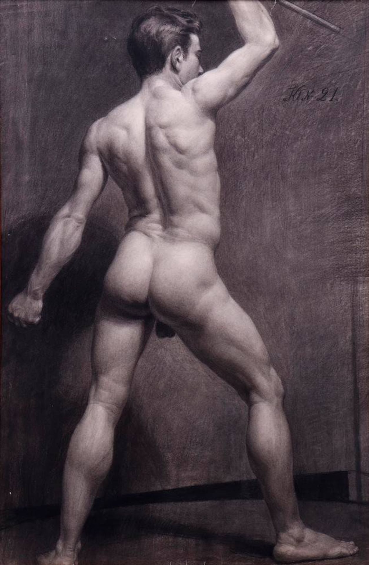 Johann Taklo (skandinavischer Künstler d. 19. Jhdts.)Männlicher Rückenakt, Kohlezeichnung/Papier, - Bild 2 aus 3