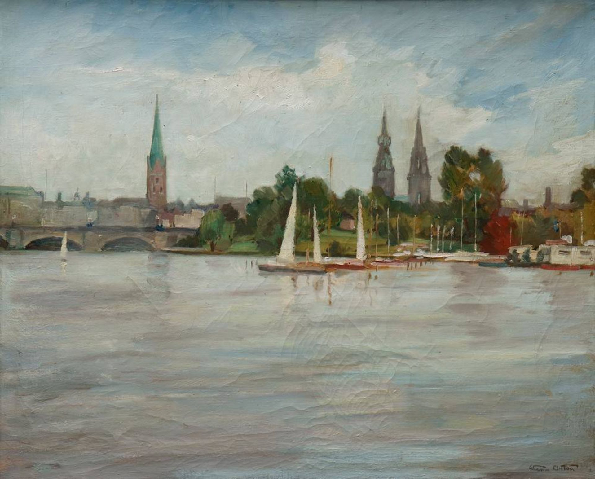 Anton Werner (1902 in Hamburg - 1976 ebda)Hamburger Binnenalster mit Segelbooten, Öl auf Leinwand, - Bild 2 aus 5