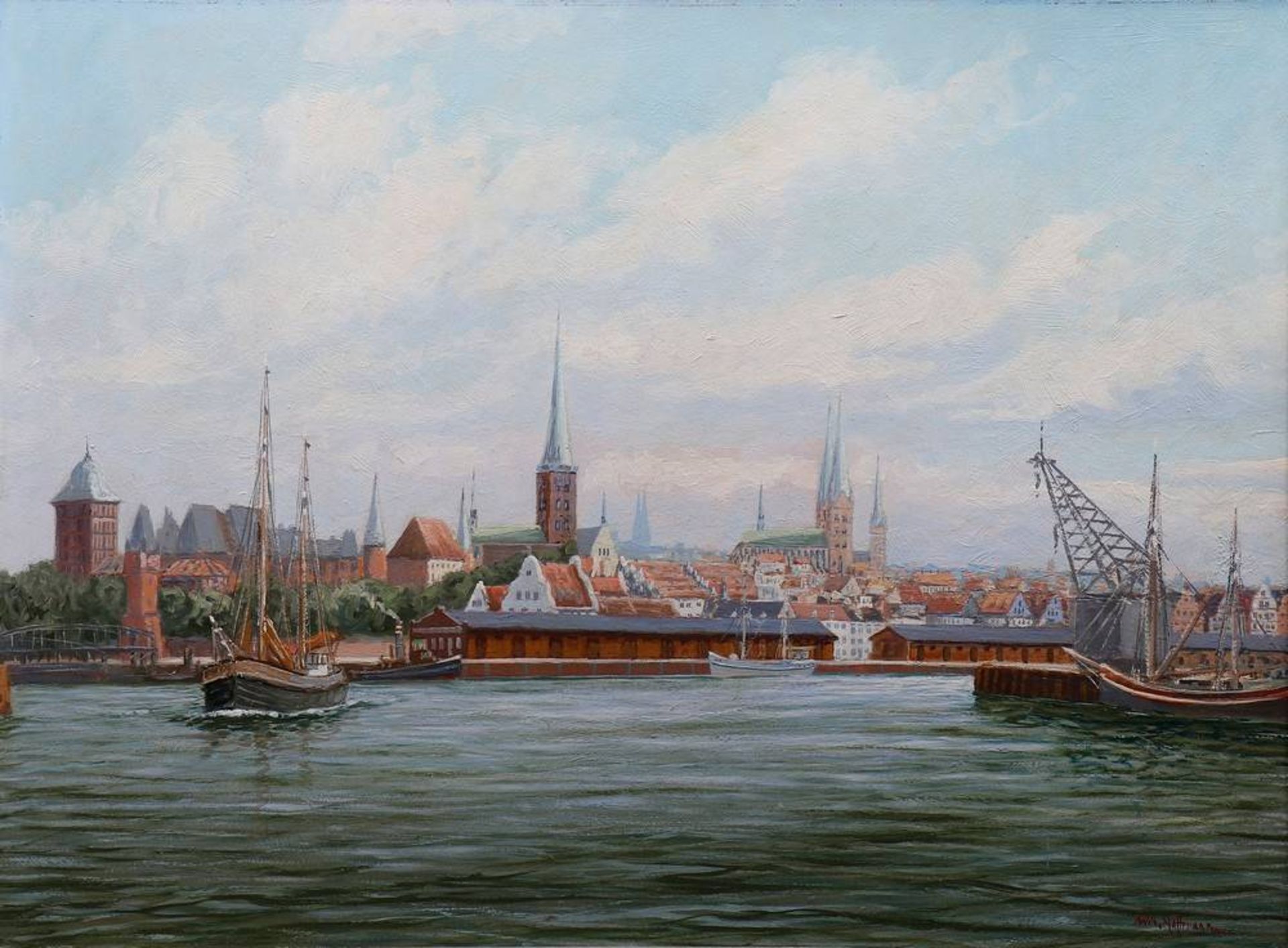 Wilhelm Hoffmann (1897-1986, norddeutscher Marinemaler)Blick auf Lübeck mit Hubbrücke und Burgtor, - Bild 2 aus 4