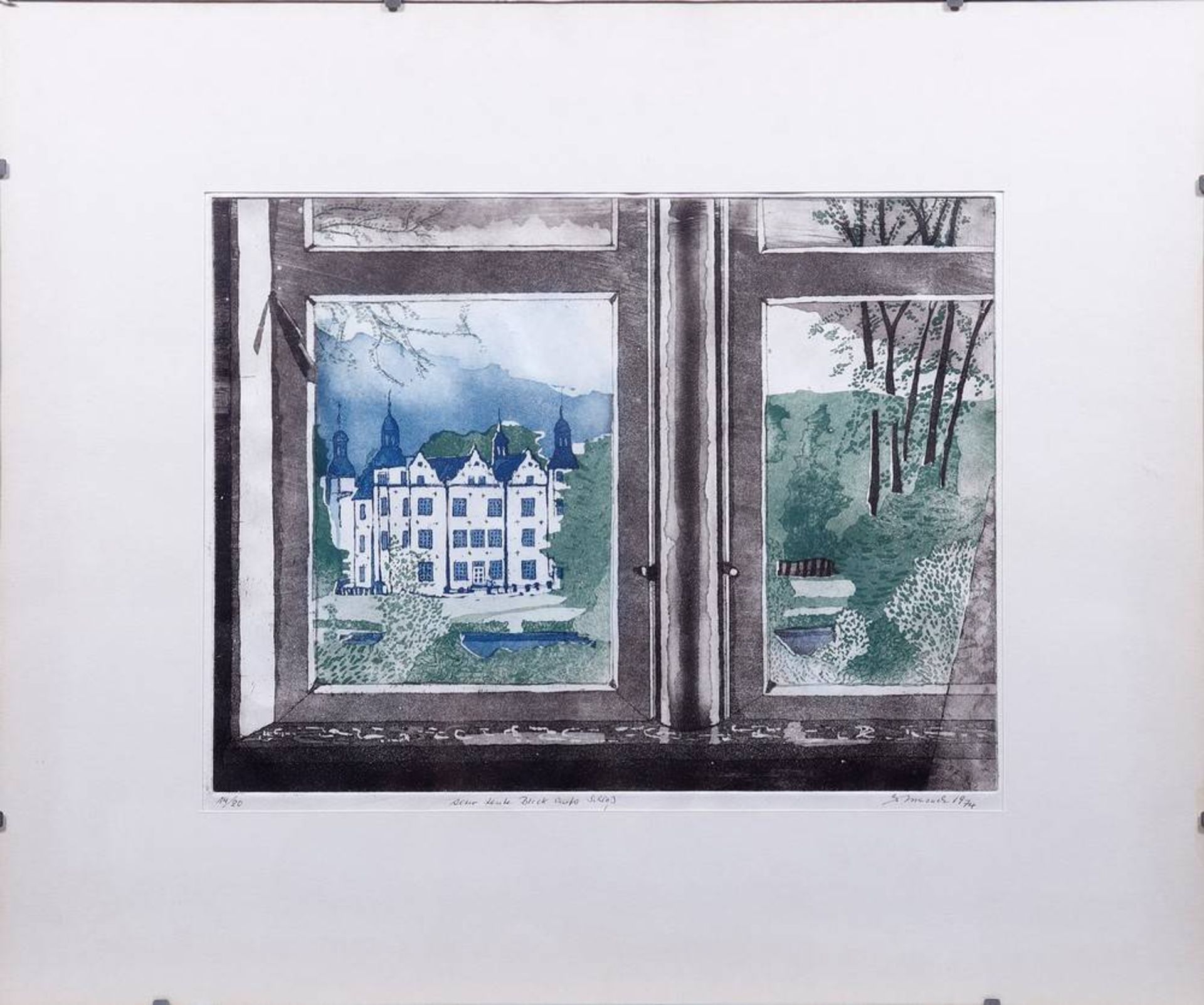 Blick durch ein Fenster aufs Ahrensburger SchlossUnbekannter Künstler, 1974, bet. "Alter Leute Blick