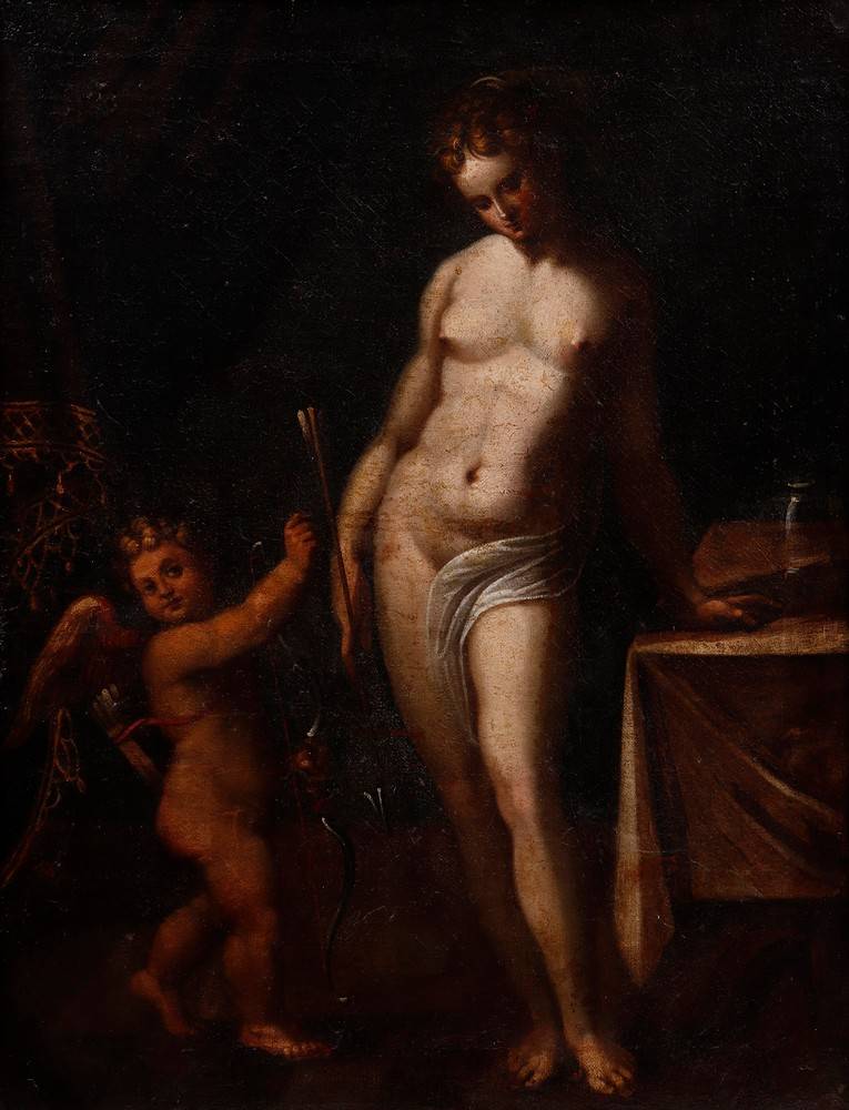 Venus und Amor Venus, sich auf einem Tisch aufstützend, nach unten blickend und einen Pfeil - Image 2 of 5