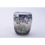 Becher-Vase, Eisch irisierendes Glas mit mattierter Oberfläche, polychrome Bemalung, konisch