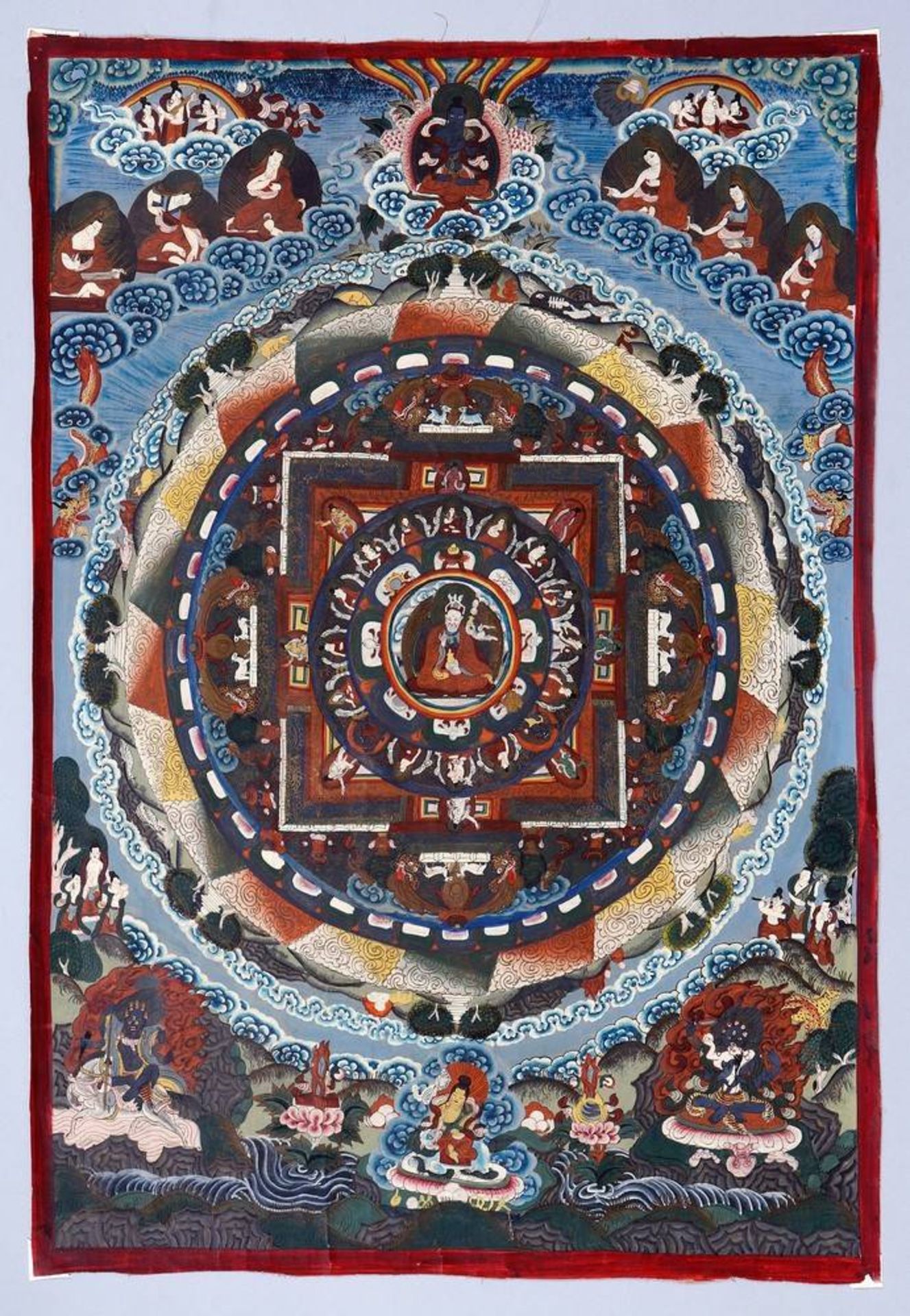 Mandala-Thangka, wohl Nepal/Tibet, 1. H. 20.Jh. im Zentrum Darstellung des Padamsambhava, Tempera/