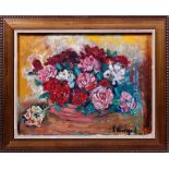 Blumenstillleben Unbekannter Künstler des 20. Jh., pastos gemaltes, rot-weißes Blumenbouquet in