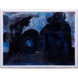 Barbara Engholm (1940 geb.) Abstraktion in blau-schwarz, Acryl auf Leinwand, collagiert, rücks.