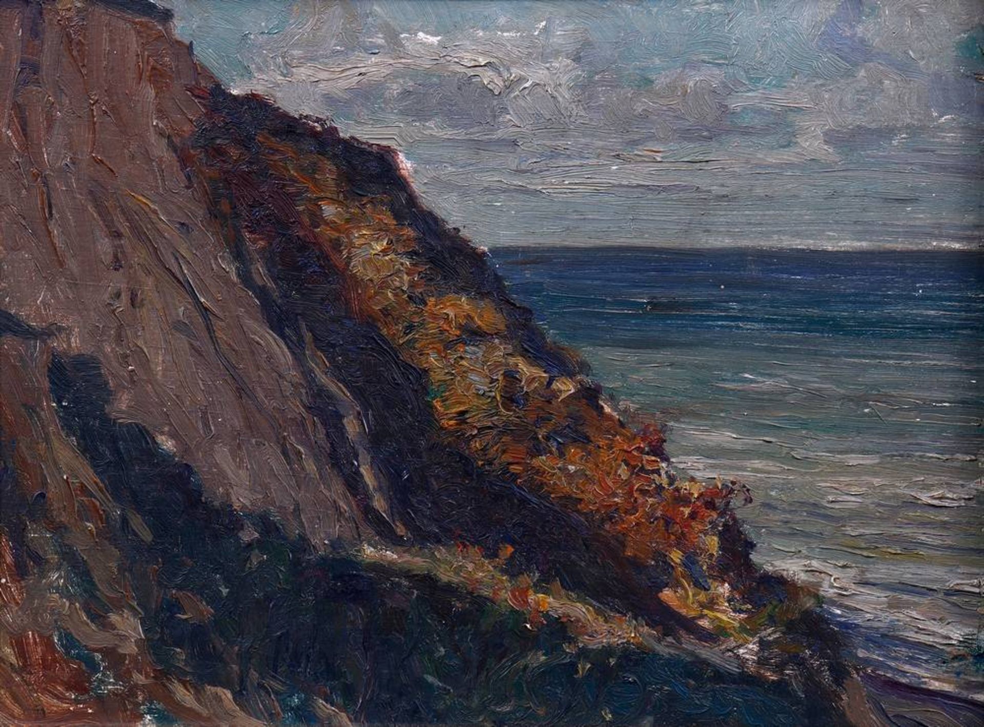 Expressive Darstellung einer Steilküste Anonym, Öl auf Sperrholz, unsign., ca. 24,5x32,5cm, gerahmt - Bild 2 aus 3