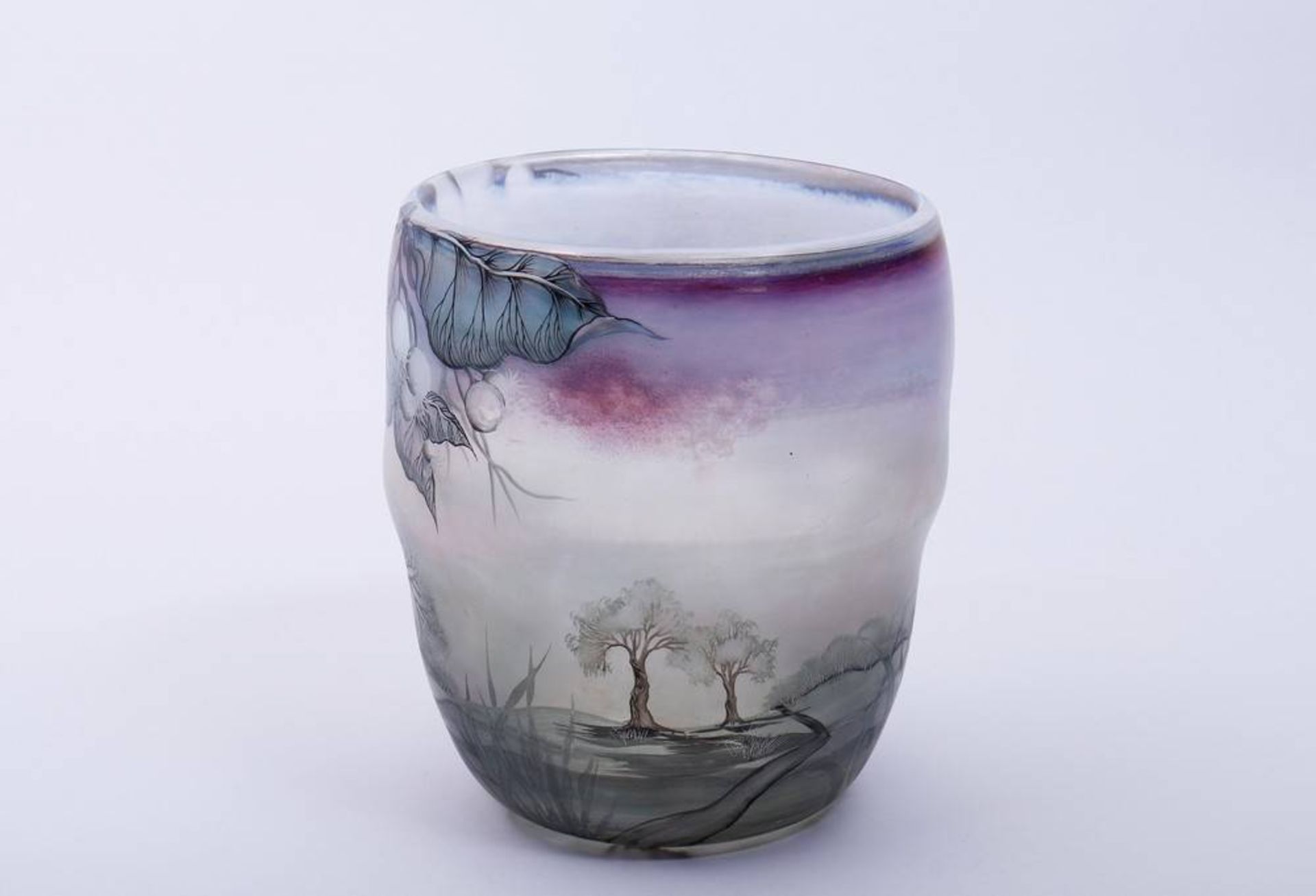 Becher-Vase, Eisch irisierendes Glas mit mattierter Oberfläche, polychrome Bemalung, konisch - Bild 2 aus 5