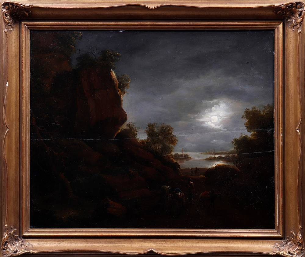 Seenlandschaft bei Mondschein mit Figurenstaffage, um 1800 Anonym, Öl auf Holz, 42,5x52cm,