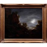 Seenlandschaft bei Mondschein mit Figurenstaffage, um 1800 Anonym, Öl auf Holz, 42,5x52cm,