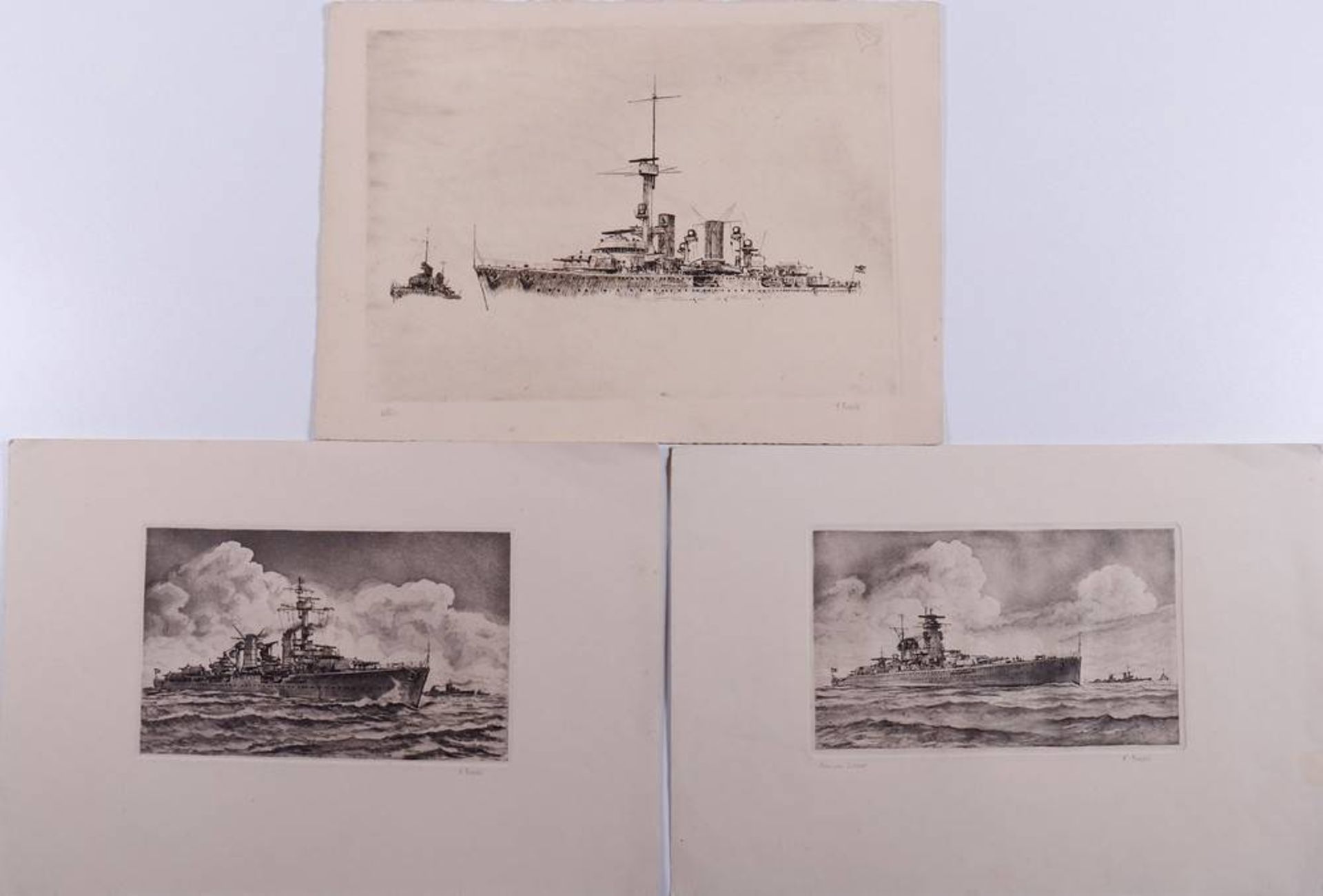 F. Friedel 6 Radierungen v. versch. Fregatten (u.a. Emden, Köln, Admiral Scheer), 1.H.20.Jhdt., je