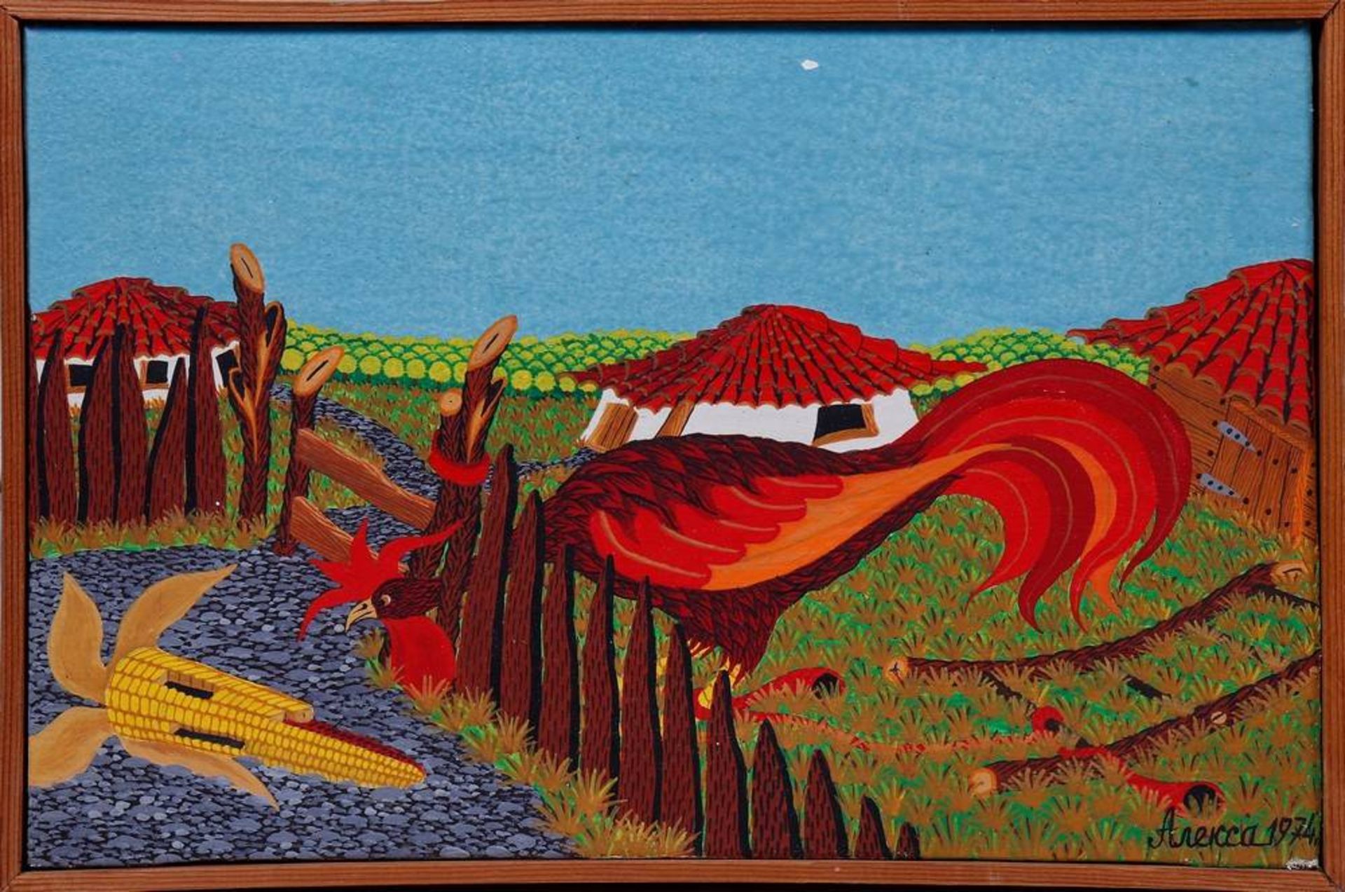 Hahn, den Kopf durch einen Zaun in Richtung eines Maiskolbens streckend, 1974 Unbekannter Künstler,