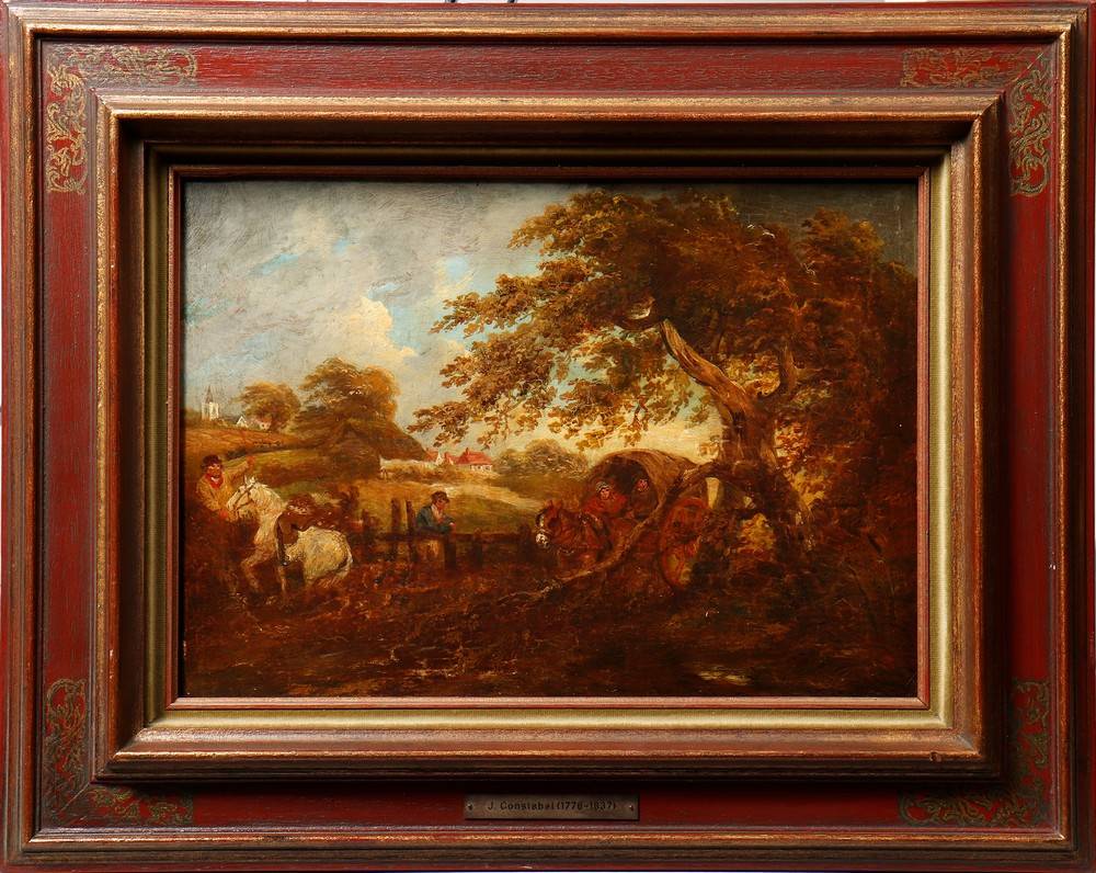 Wohl Umkreis George Morland (1763 in London - 1804 in Brighton) Pferdewagen in ruraler Umgebung, Öl