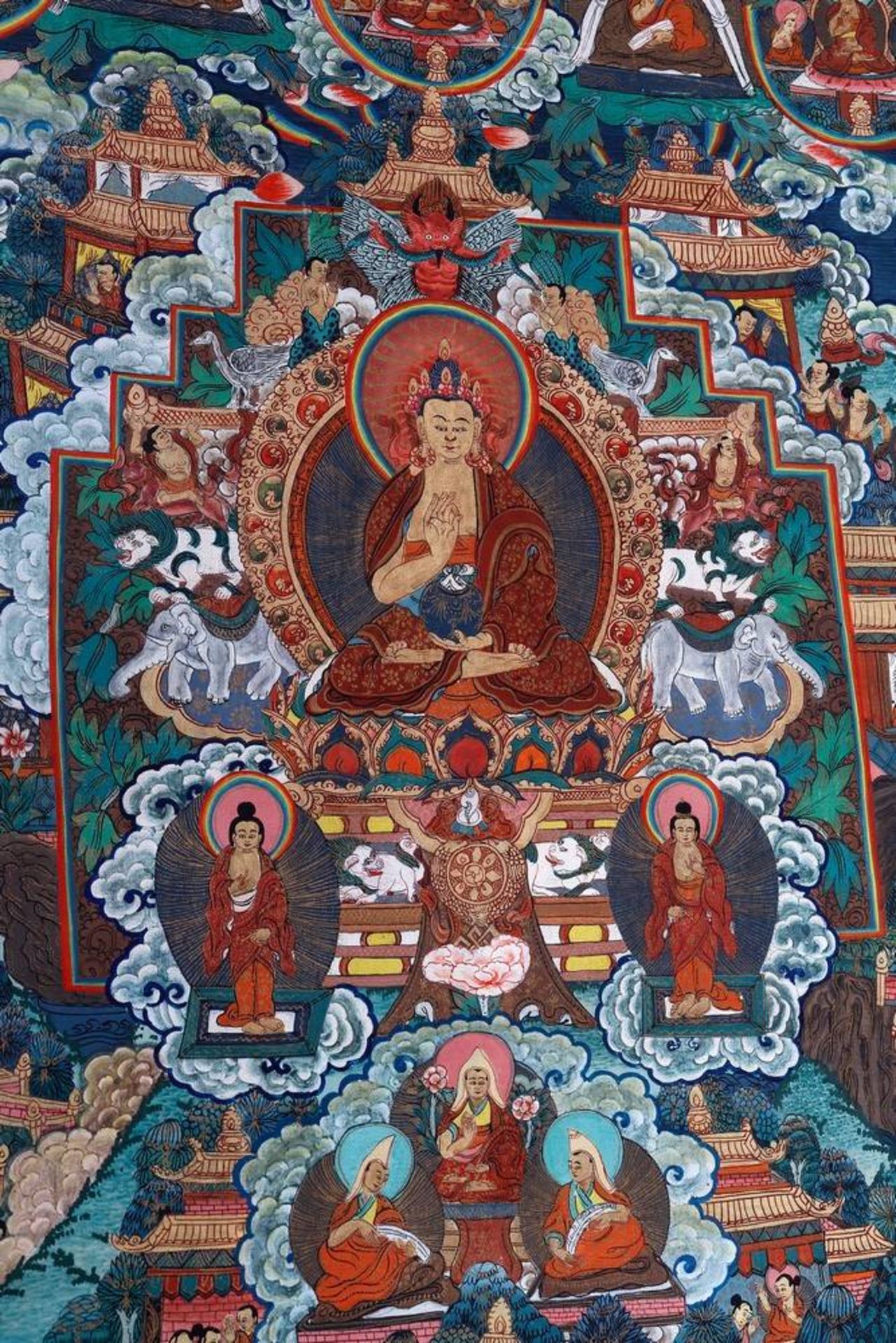 Großes Thangka, wohl Nepal/Tibet, 1. H. 20.Jh. im Zentralfeld sitzender Buddha, umgeben von - Bild 2 aus 7