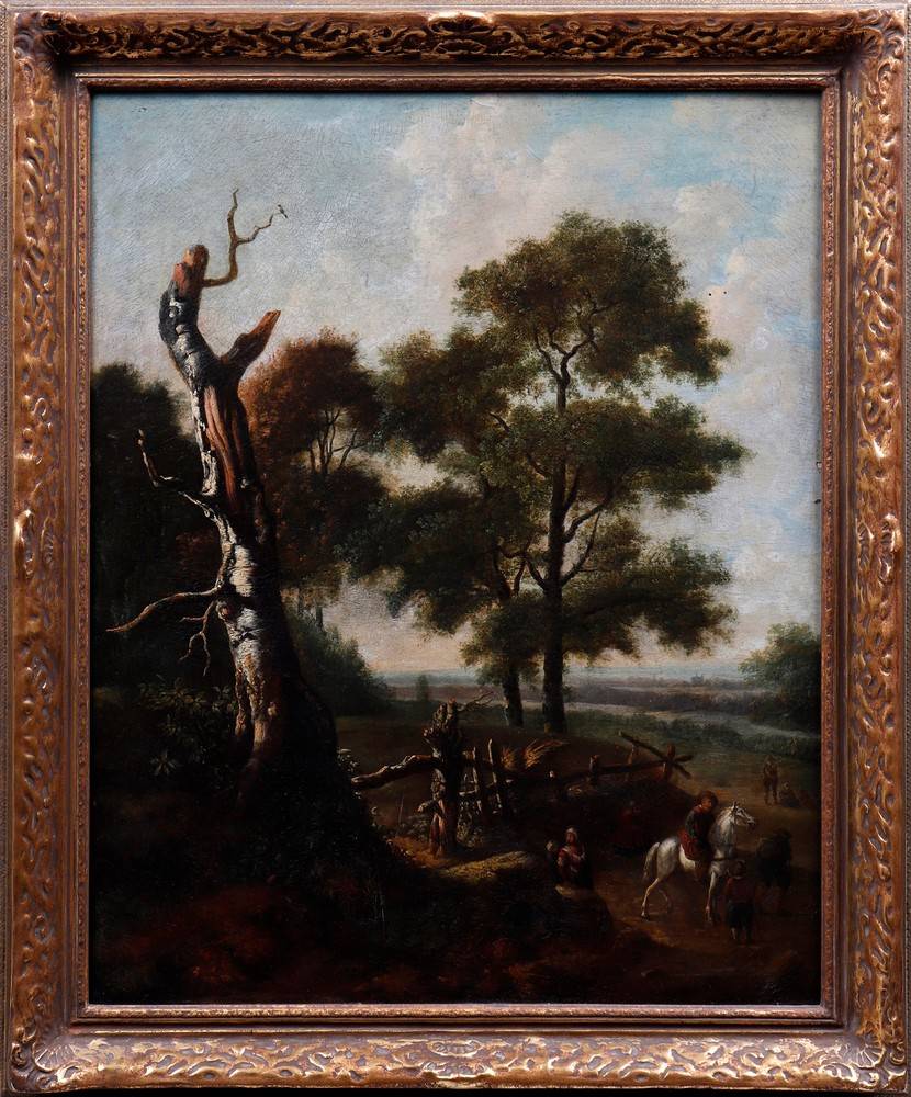 Landschaft mit knorrigem Baum und Personenstaffage, um 1800 Anonym, Öl/Leinwand/doubliert,