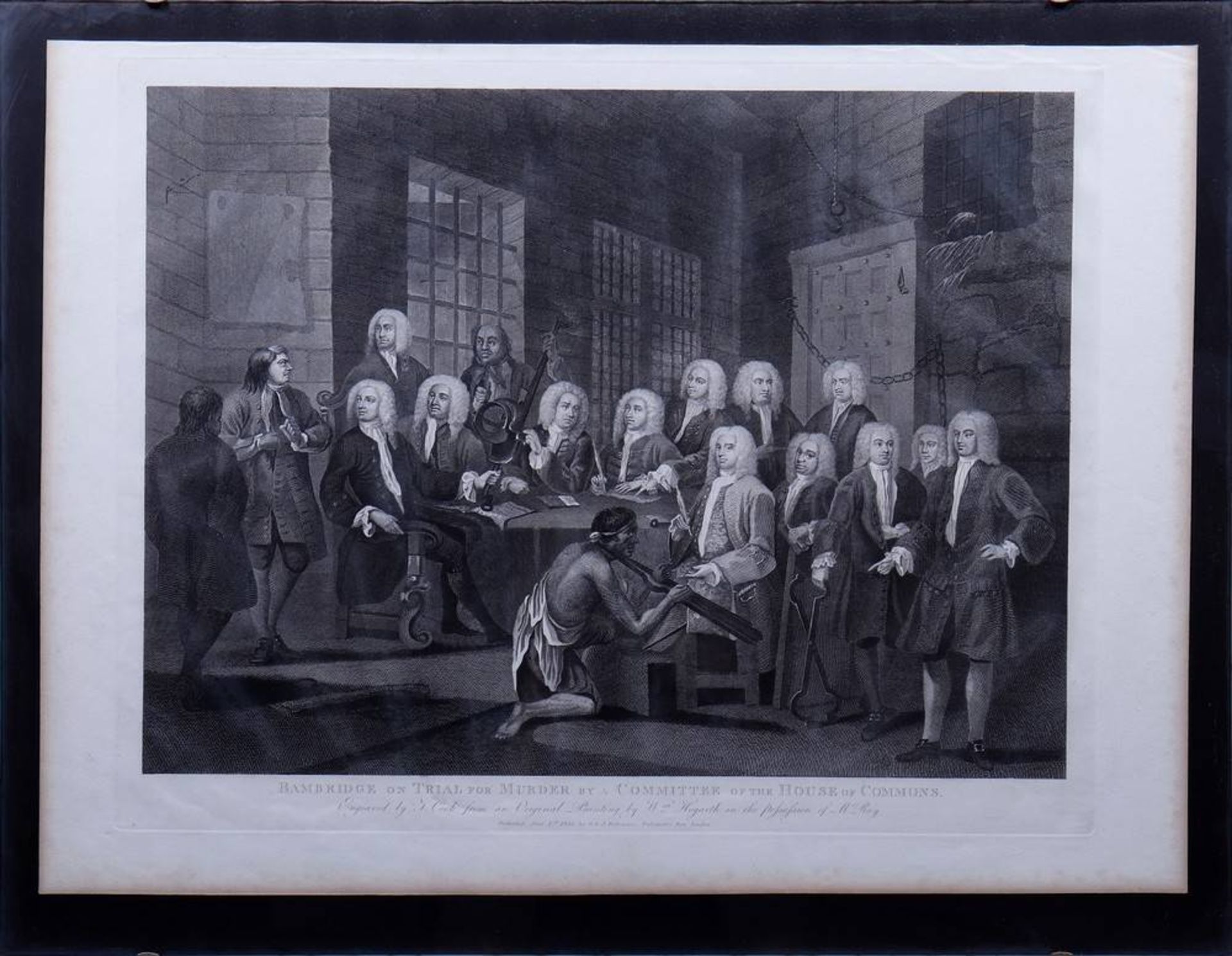 Stahlstich nach William Hogarth (1697 in London - 1764 ebda.) "Bambridge on Trial for Murder by a