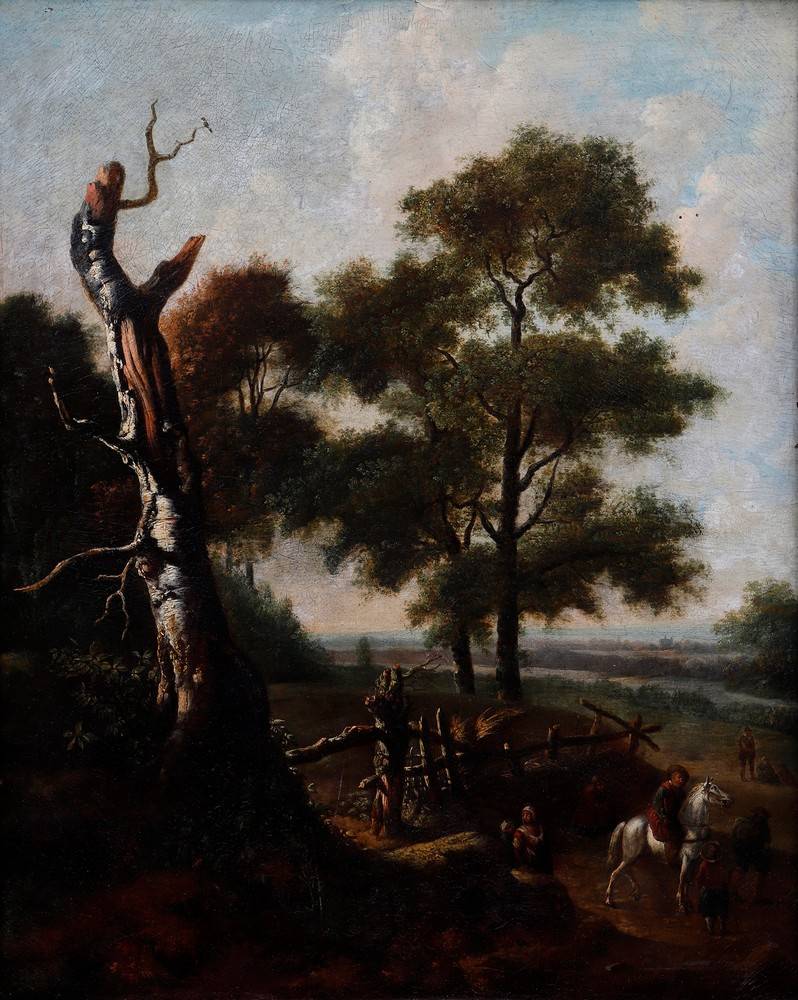 Landschaft mit knorrigem Baum und Personenstaffage, um 1800 Anonym, Öl/Leinwand/doubliert, - Image 2 of 8