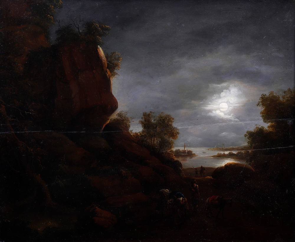 Seenlandschaft bei Mondschein mit Figurenstaffage, um 1800 Anonym, Öl auf Holz, 42,5x52cm, - Image 2 of 5