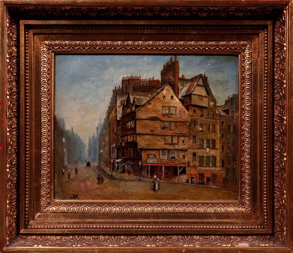 Blick auf ein Eckhaus und in eine Häuserzeile Unbekannter Künstler, um 1900, Öl auf Pappe, u.l.