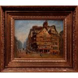 Blick auf ein Eckhaus und in eine Häuserzeile Unbekannter Künstler, um 1900, Öl auf Pappe, u.l.