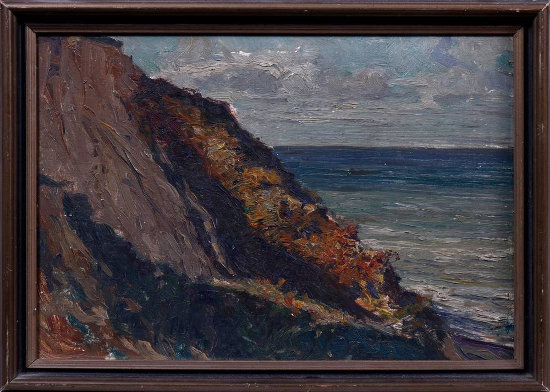 Expressive Darstellung einer Steilküste Anonym, Öl auf Sperrholz, unsign., ca. 24,5x32,5cm, gerahmt