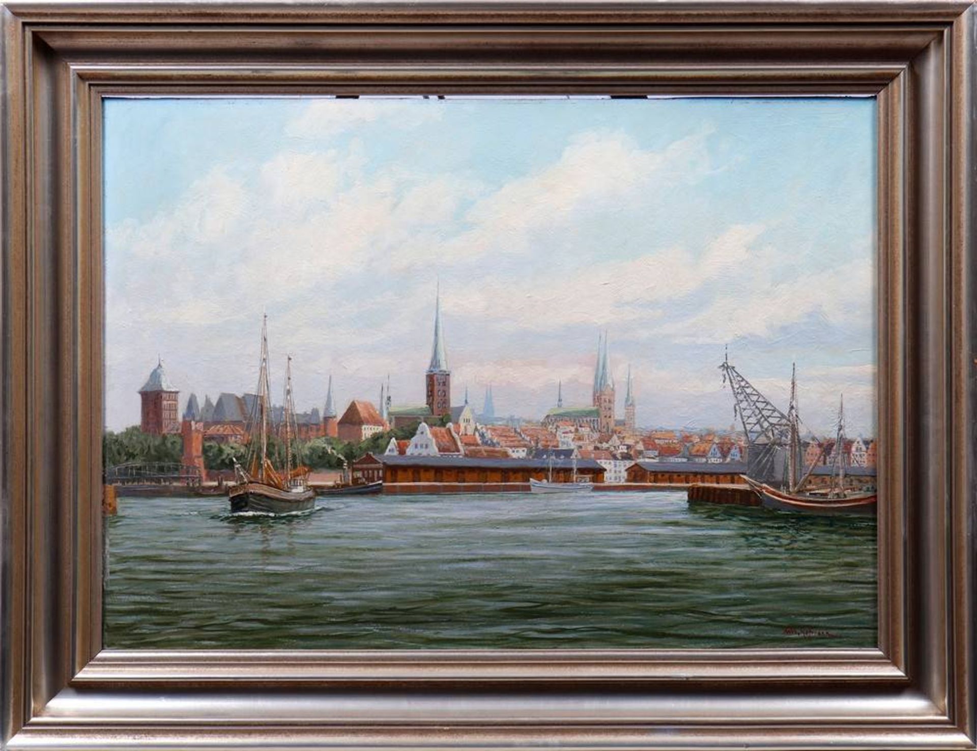 Wilhelm Hoffmann (1897-1986, norddeutscher Marinemaler) Blick auf Lübeck mit Hubbrücke und Burgtor,