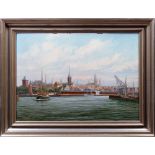 Wilhelm Hoffmann (1897-1986, norddeutscher Marinemaler) Blick auf Lübeck mit Hubbrücke und Burgtor,